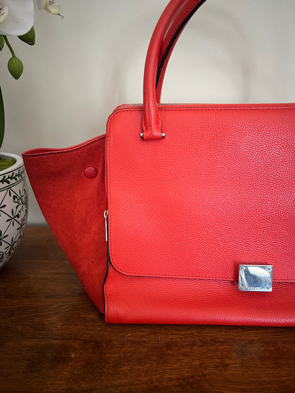 Céline Trapeze Bag in Vermilion Red Calfskin & Suede Wings (Phoebe Philo Era)