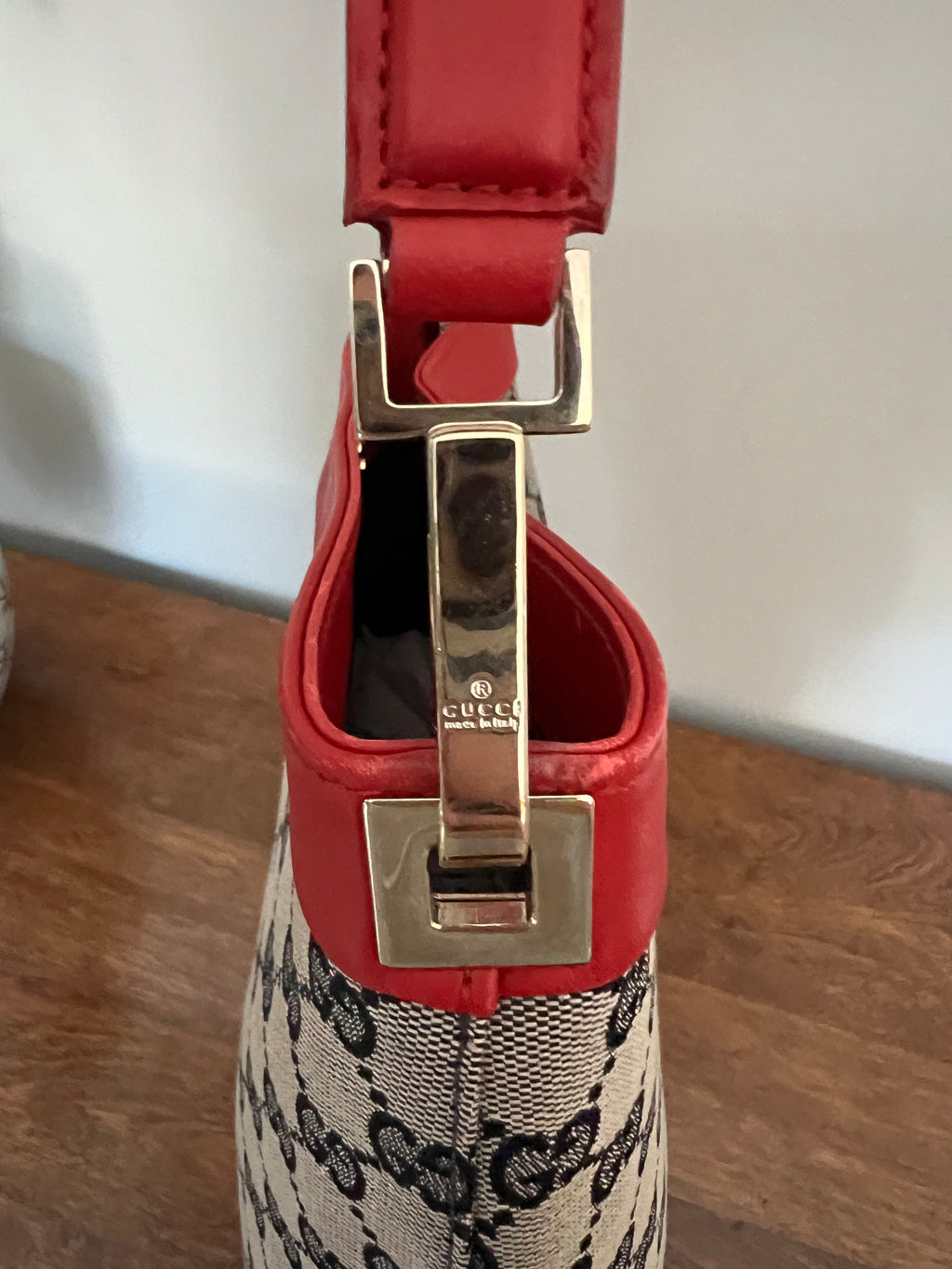 Gucci GG Supreme Canvas Shoulder Bag with Red Leather Trim