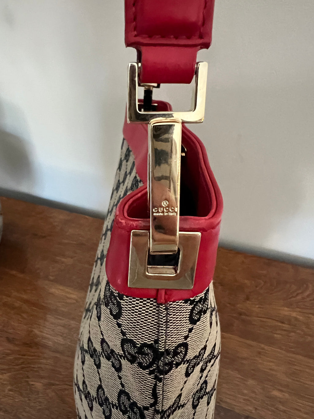 Gucci GG Supreme Canvas Shoulder Bag with Red Leather Trim