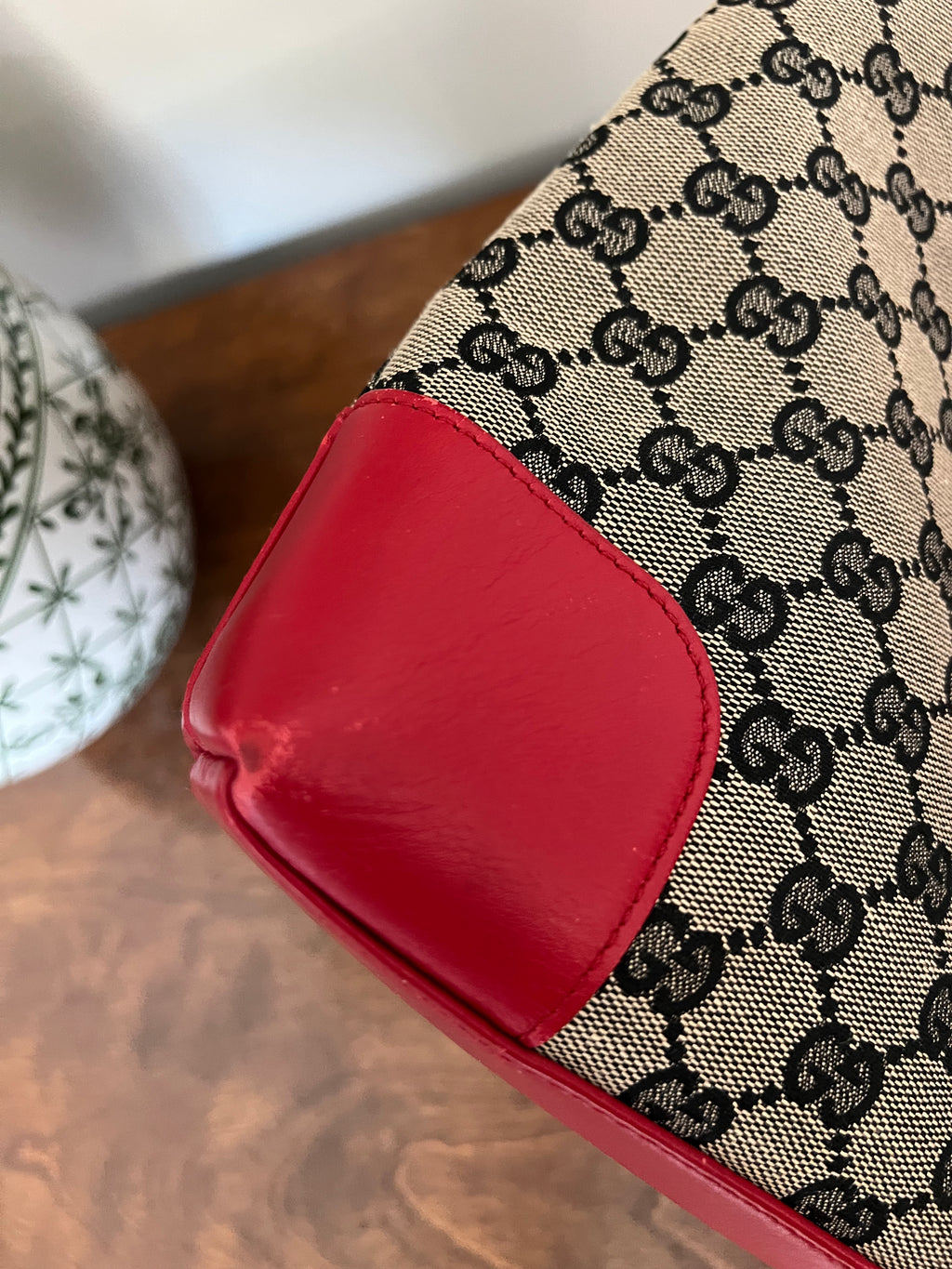 Gucci GG Supreme Canvas Shoulder Bag with Red Leather Trim