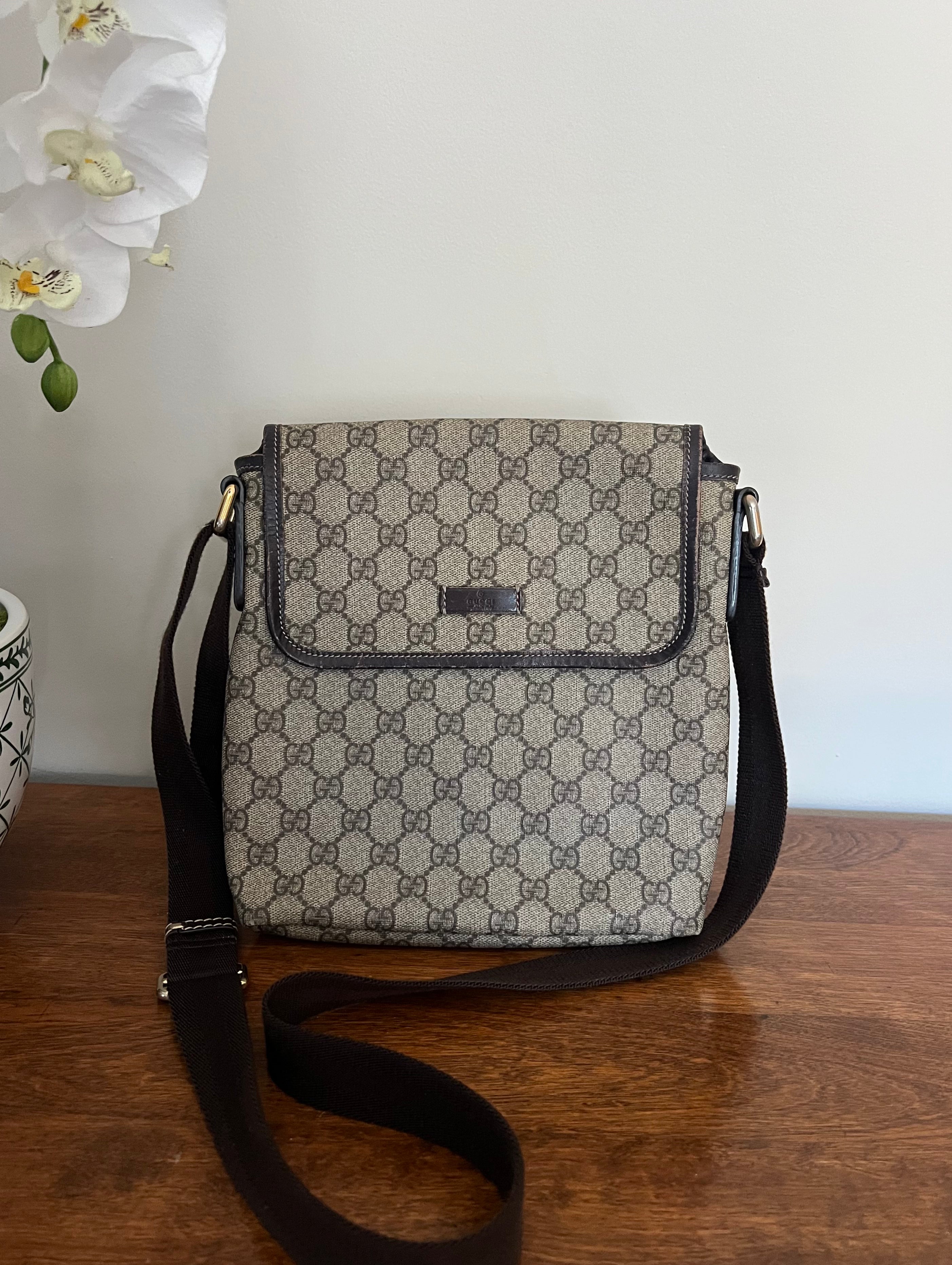 Gucci GG Canvas Messenger Bag – Brown Leather Trim