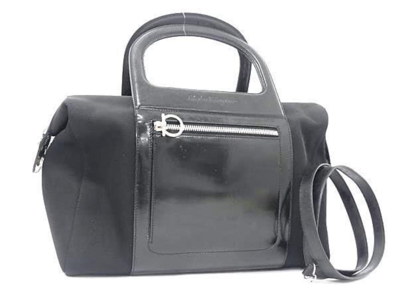 Ferragamo Patent Leather & Nylon Structured Top-Handle Tote – Black