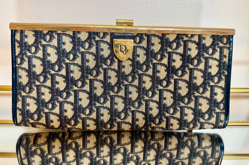 Vintage Christian Dior Navy Trotter Canvas Frame Clutch