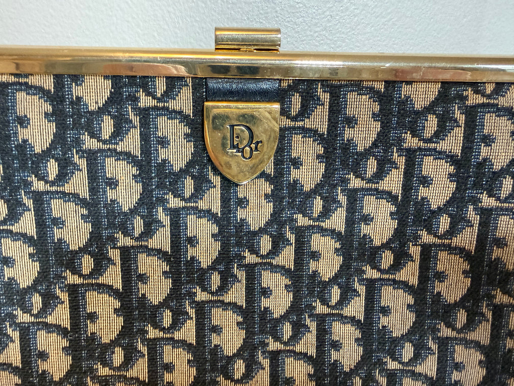 Vintage Christian Dior Navy Trotter Canvas Frame Clutch