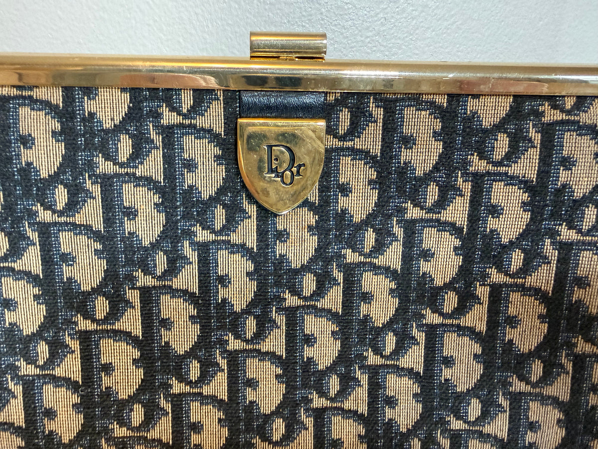 Vintage Christian Dior Navy Trotter Canvas Frame Clutch