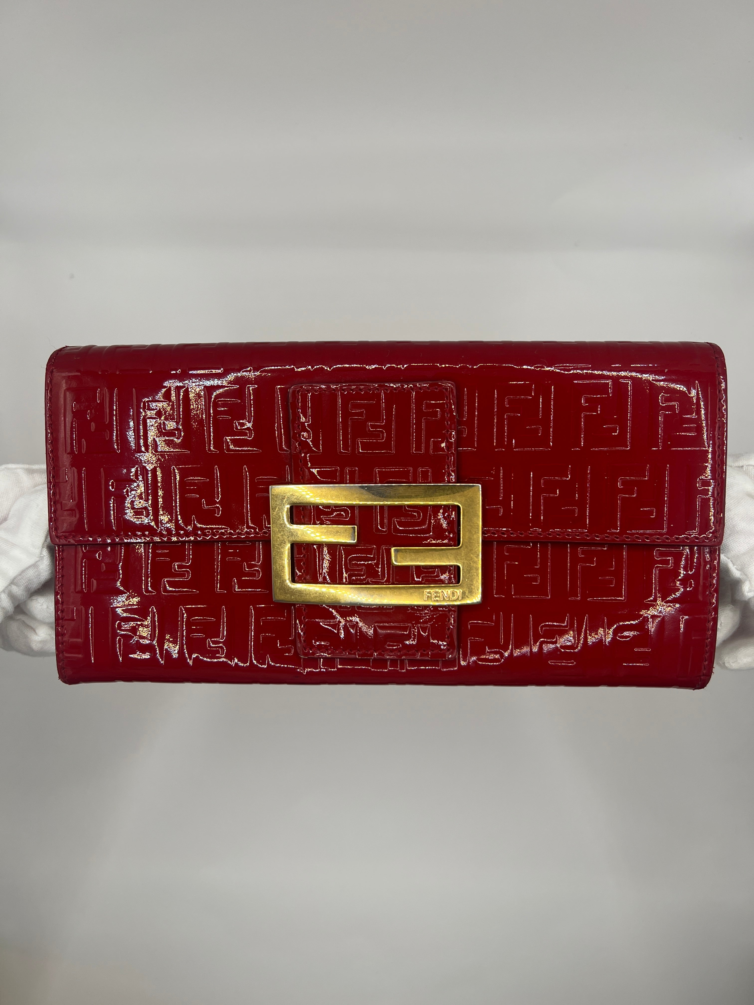 Fendi Zucchino Continental Patent Leather Red Wallet