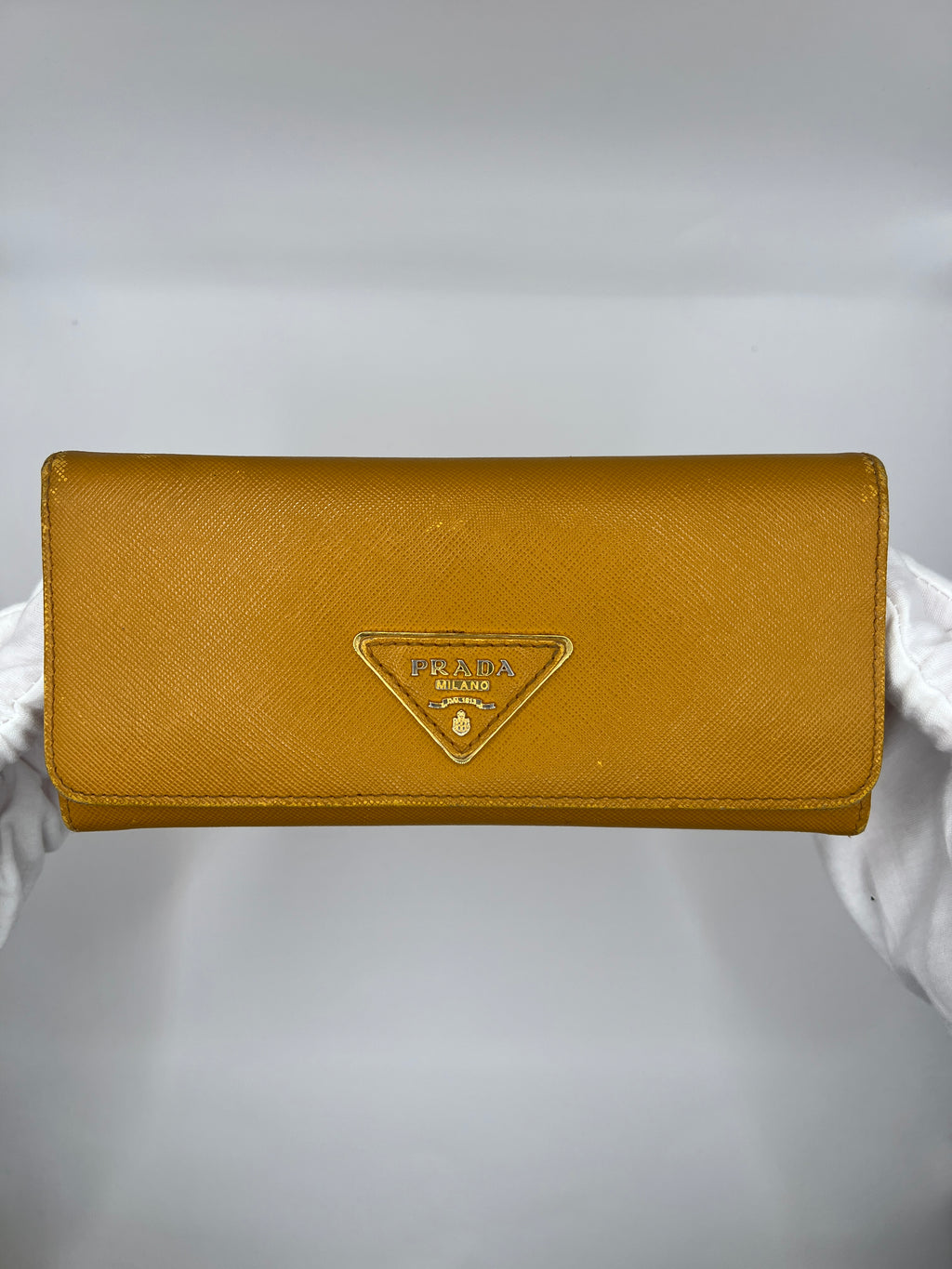 Prada Saffiano Leather Continental Wallet in Mustard Yellow