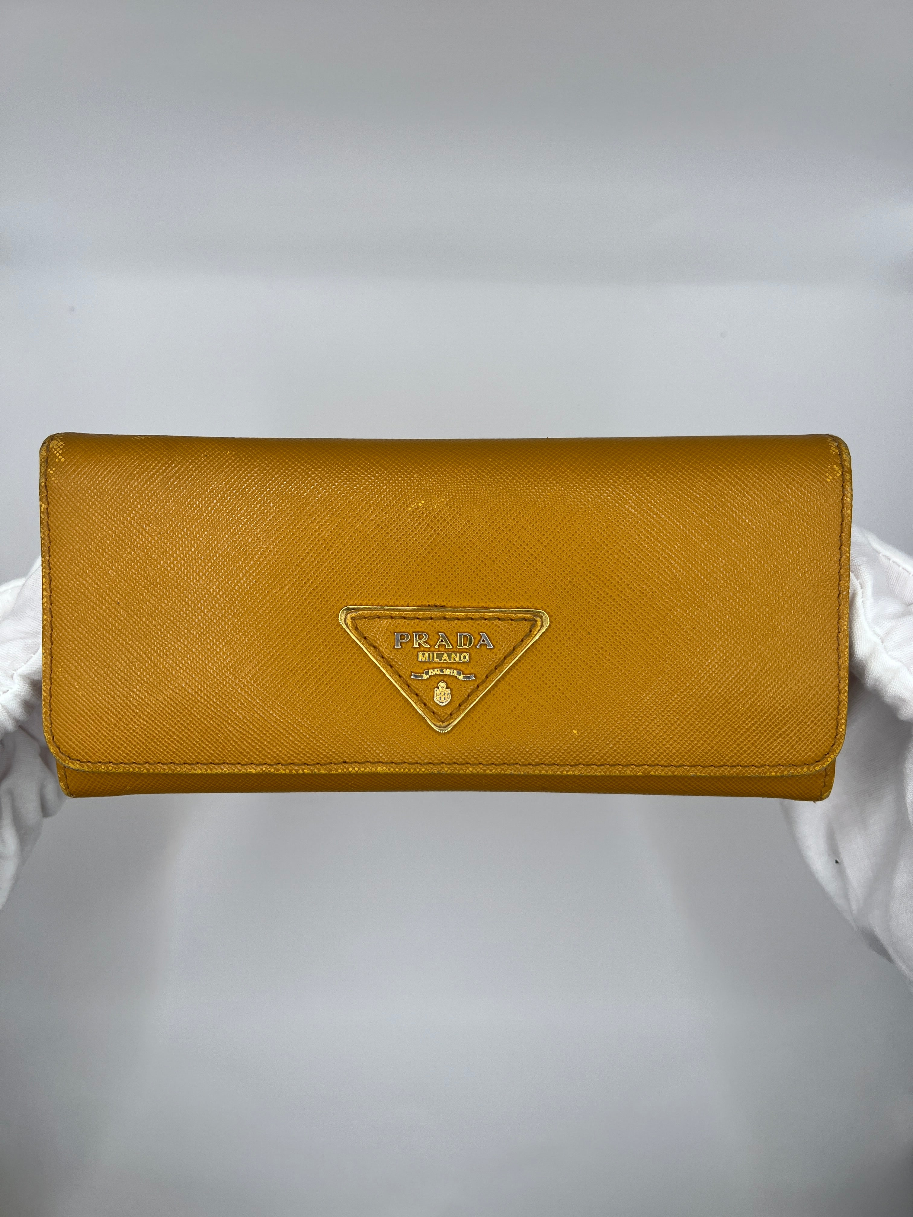Prada Saffiano Leather Continental Wallet in Mustard Yellow
