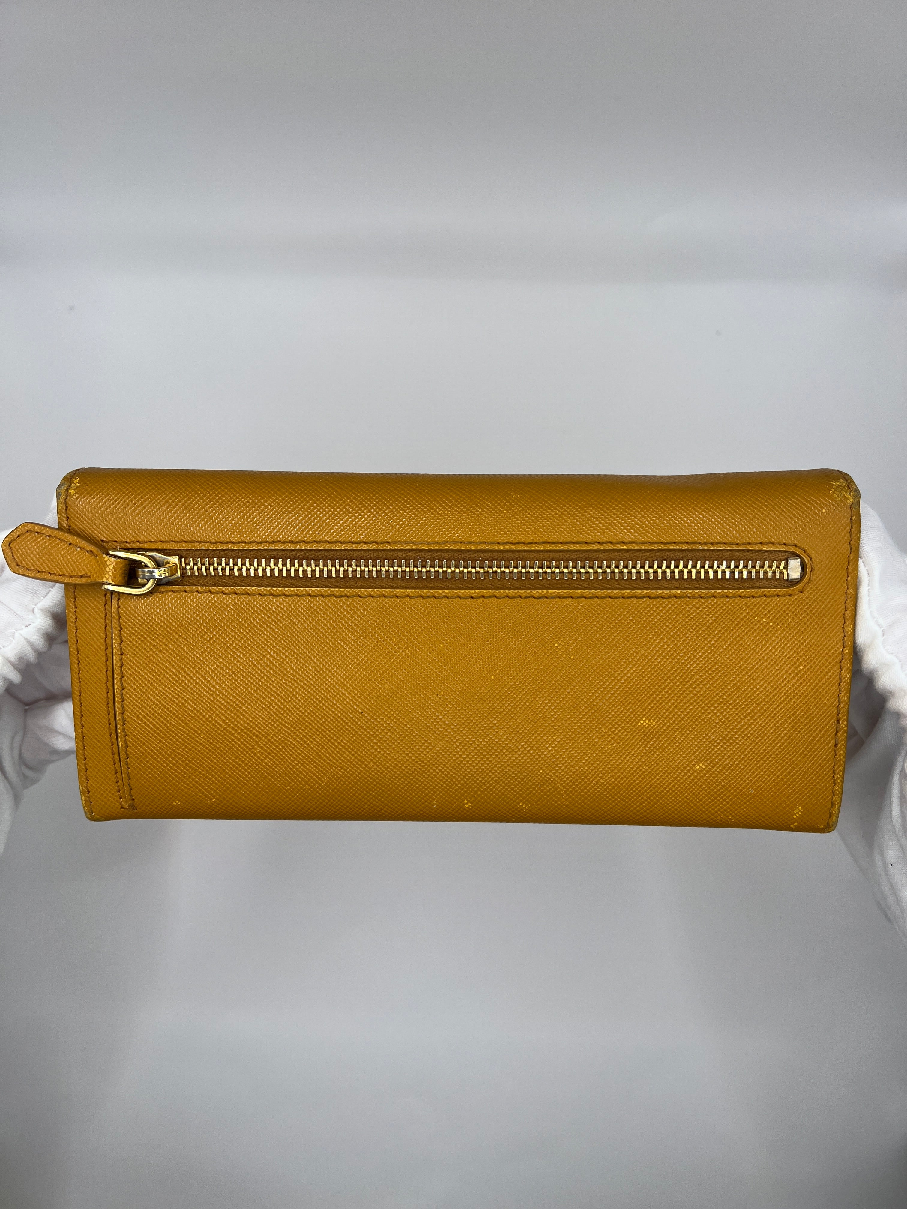 Prada Saffiano Leather Continental Wallet in Mustard Yellow