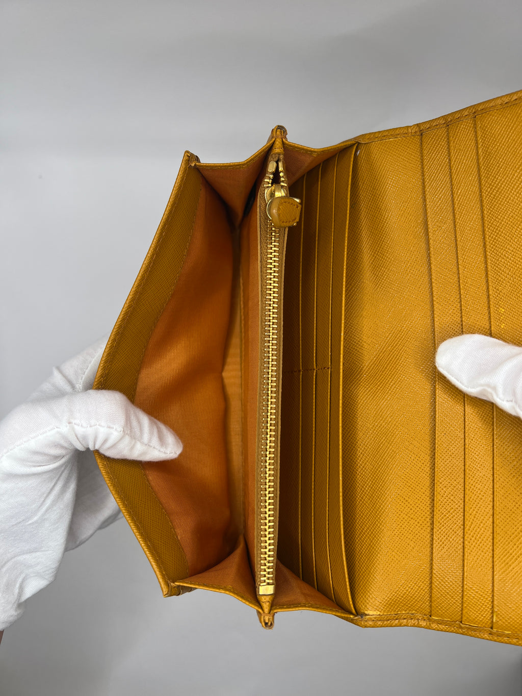 Prada Saffiano Leather Continental Wallet in Mustard Yellow