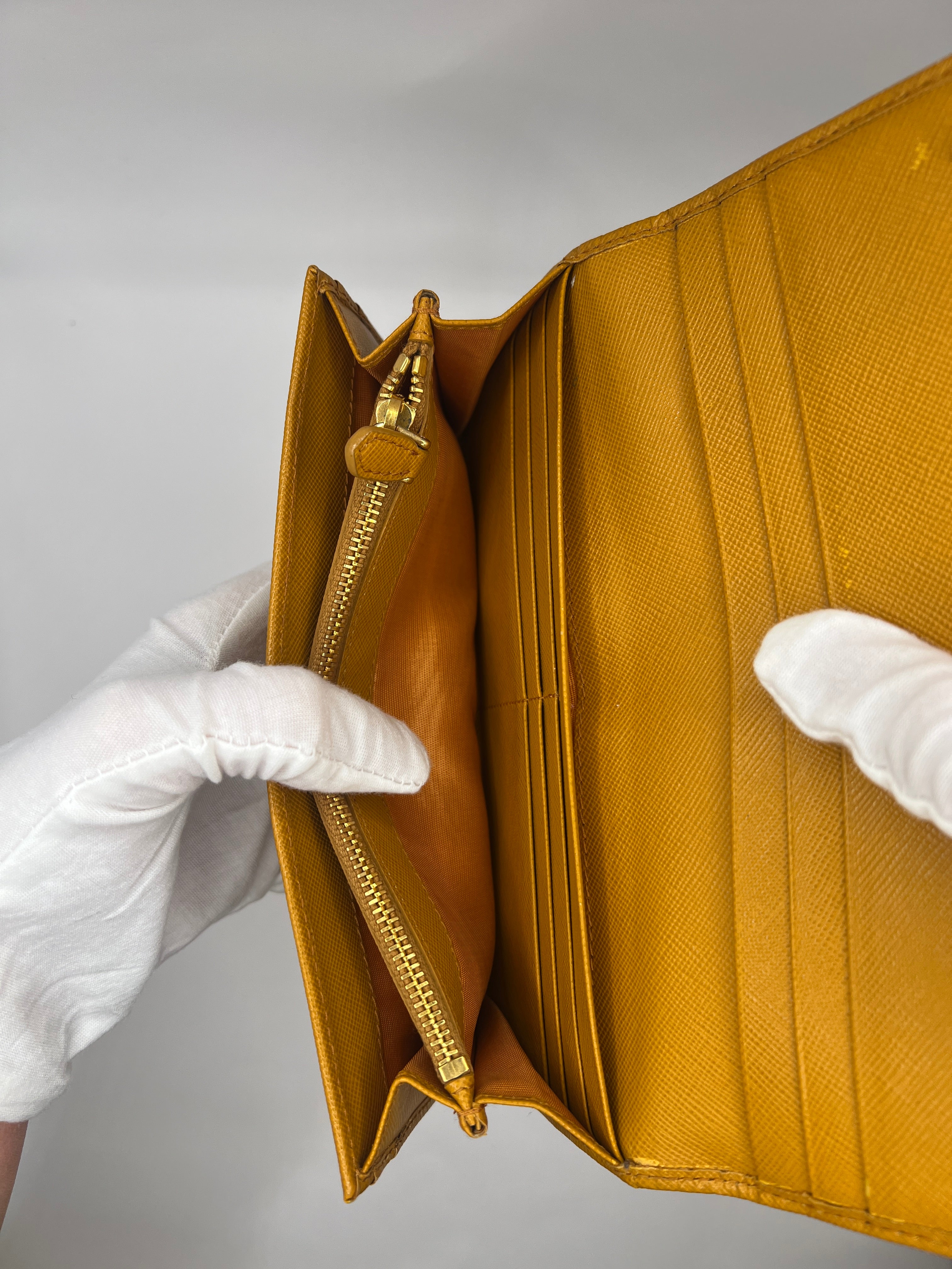 Prada Saffiano Leather Continental Wallet in Mustard Yellow