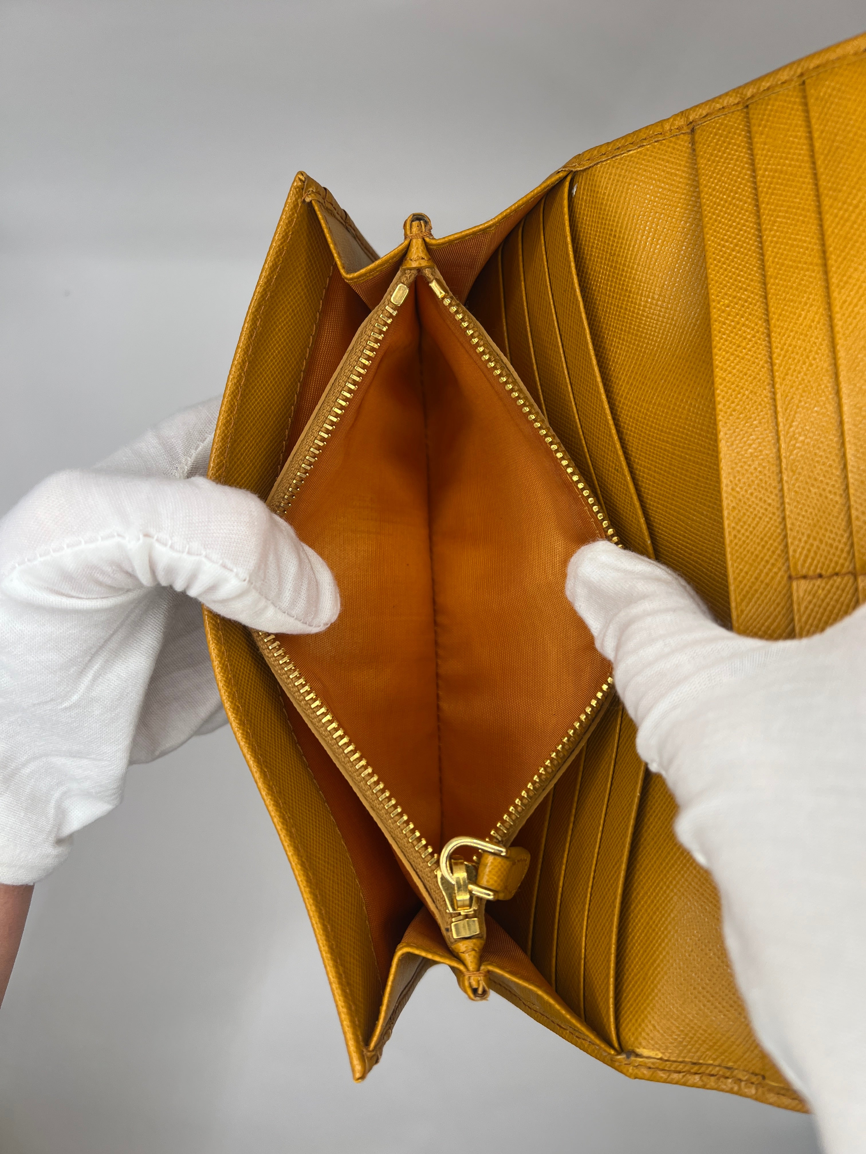 Prada Saffiano Leather Continental Wallet in Mustard Yellow