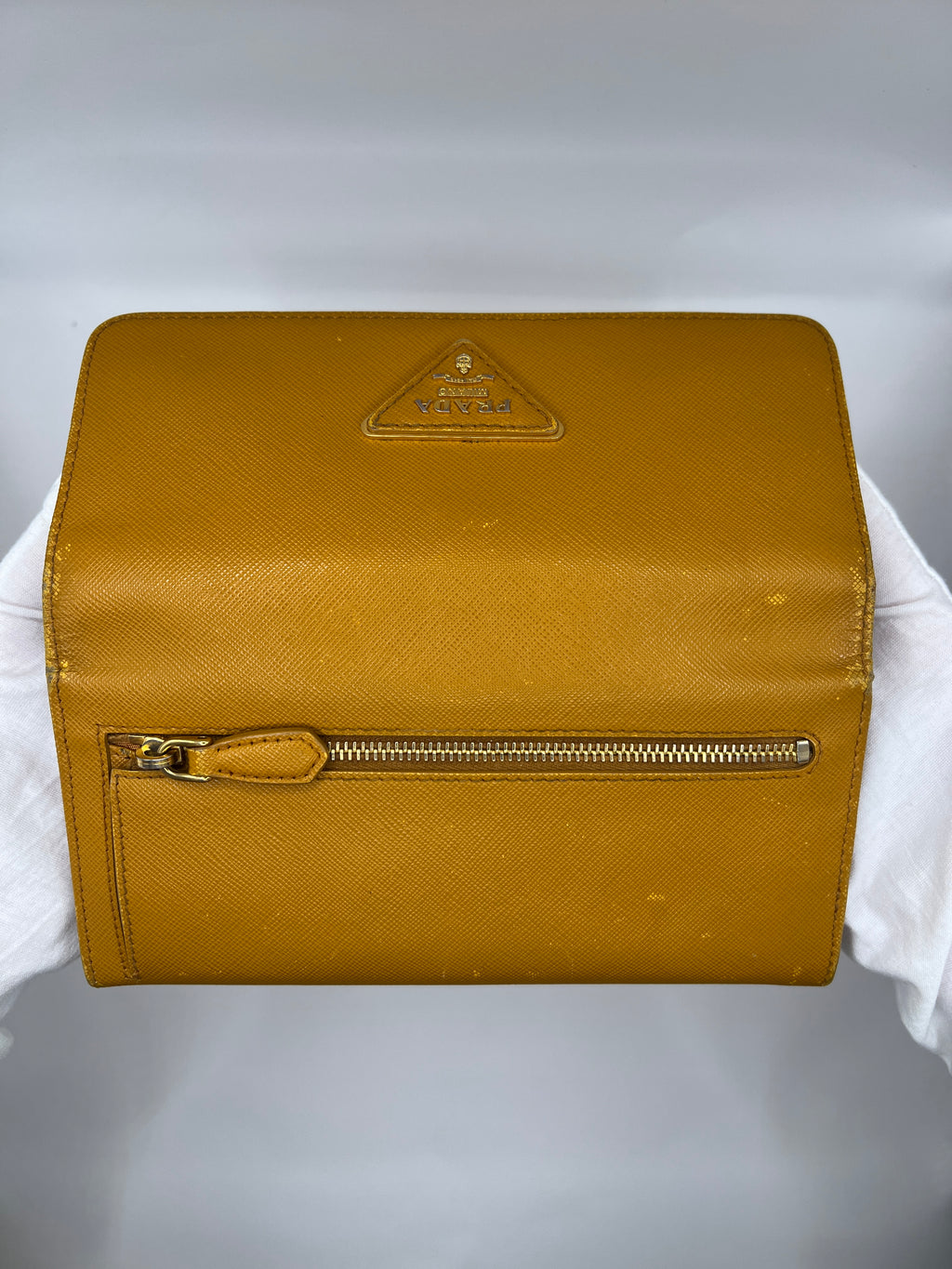 Prada Saffiano Leather Continental Wallet in Mustard Yellow