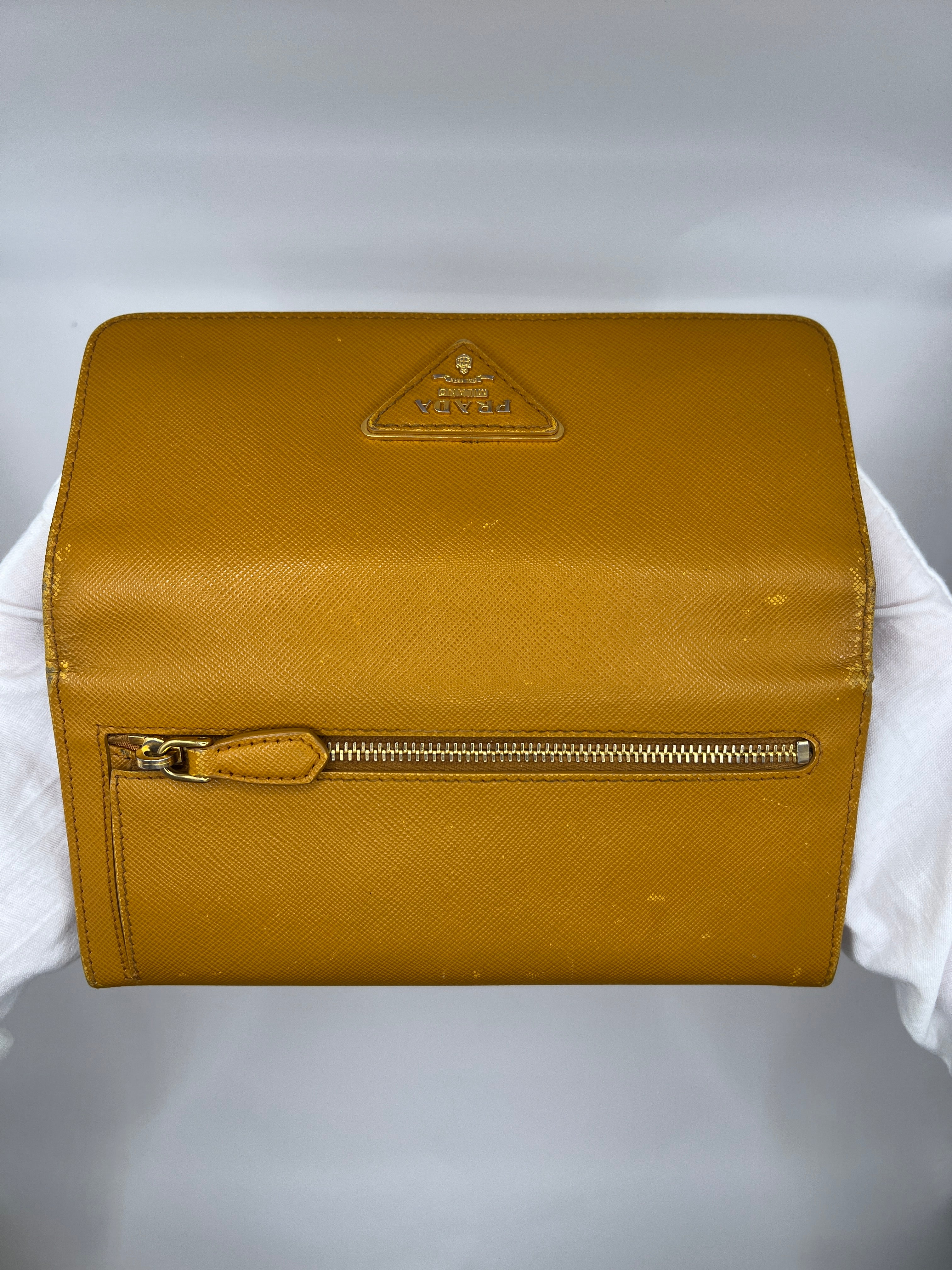 Prada Saffiano Leather Continental Wallet in Mustard Yellow
