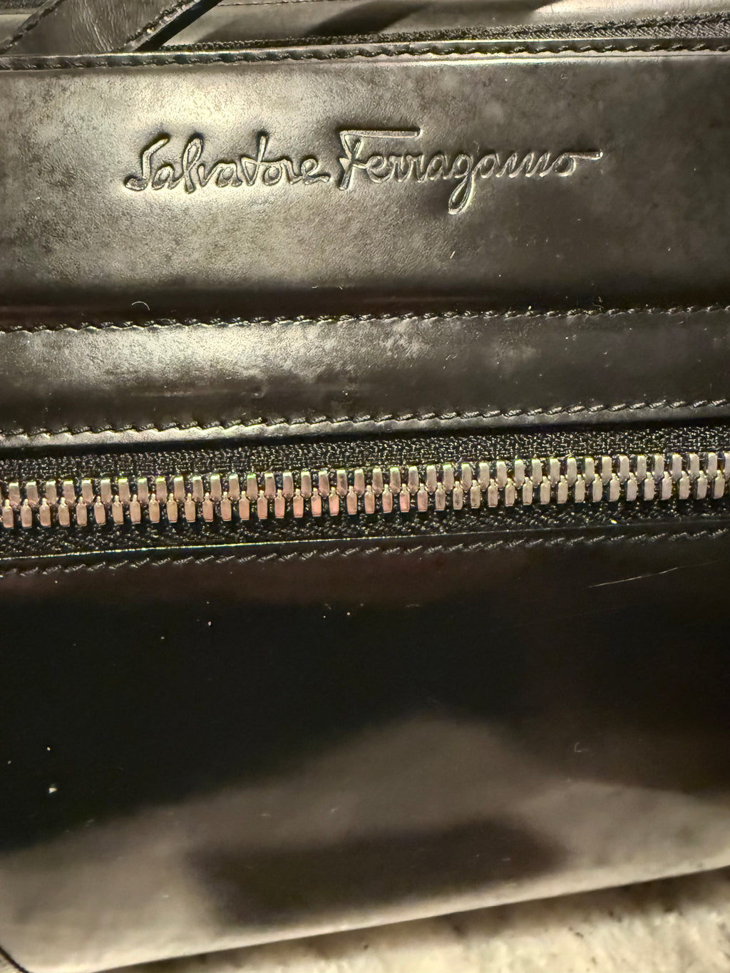 Ferragamo Patent Leather & Nylon Structured Top-Handle Tote – Black