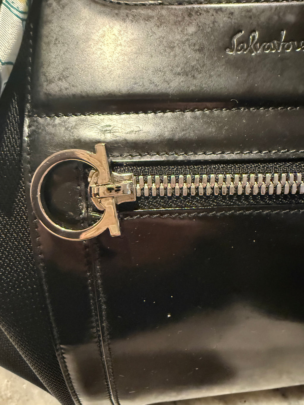 Ferragamo Patent Leather & Nylon Structured Top-Handle Tote – Black