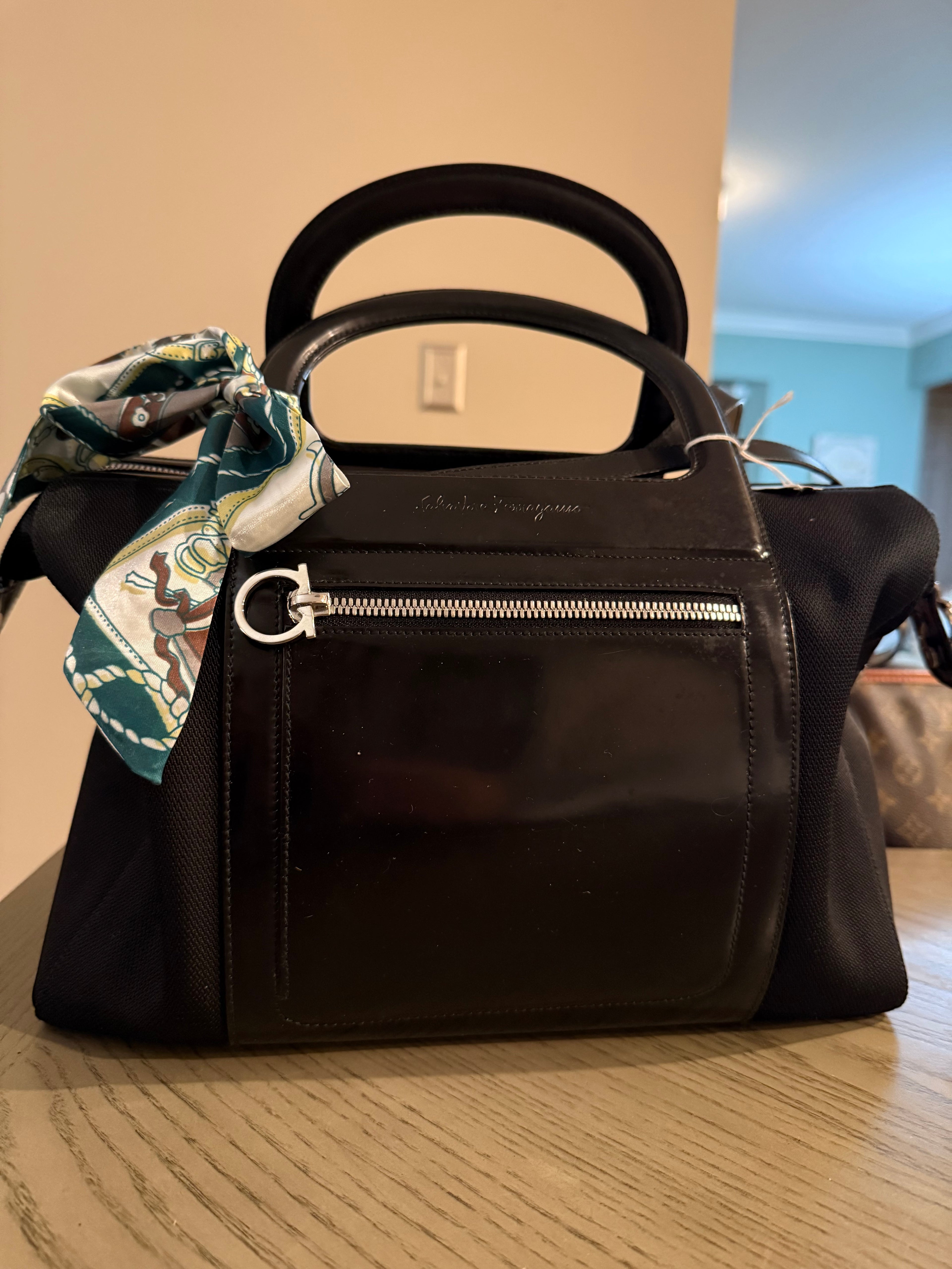 Ferragamo Patent Leather & Nylon Structured Top-Handle Tote – Black