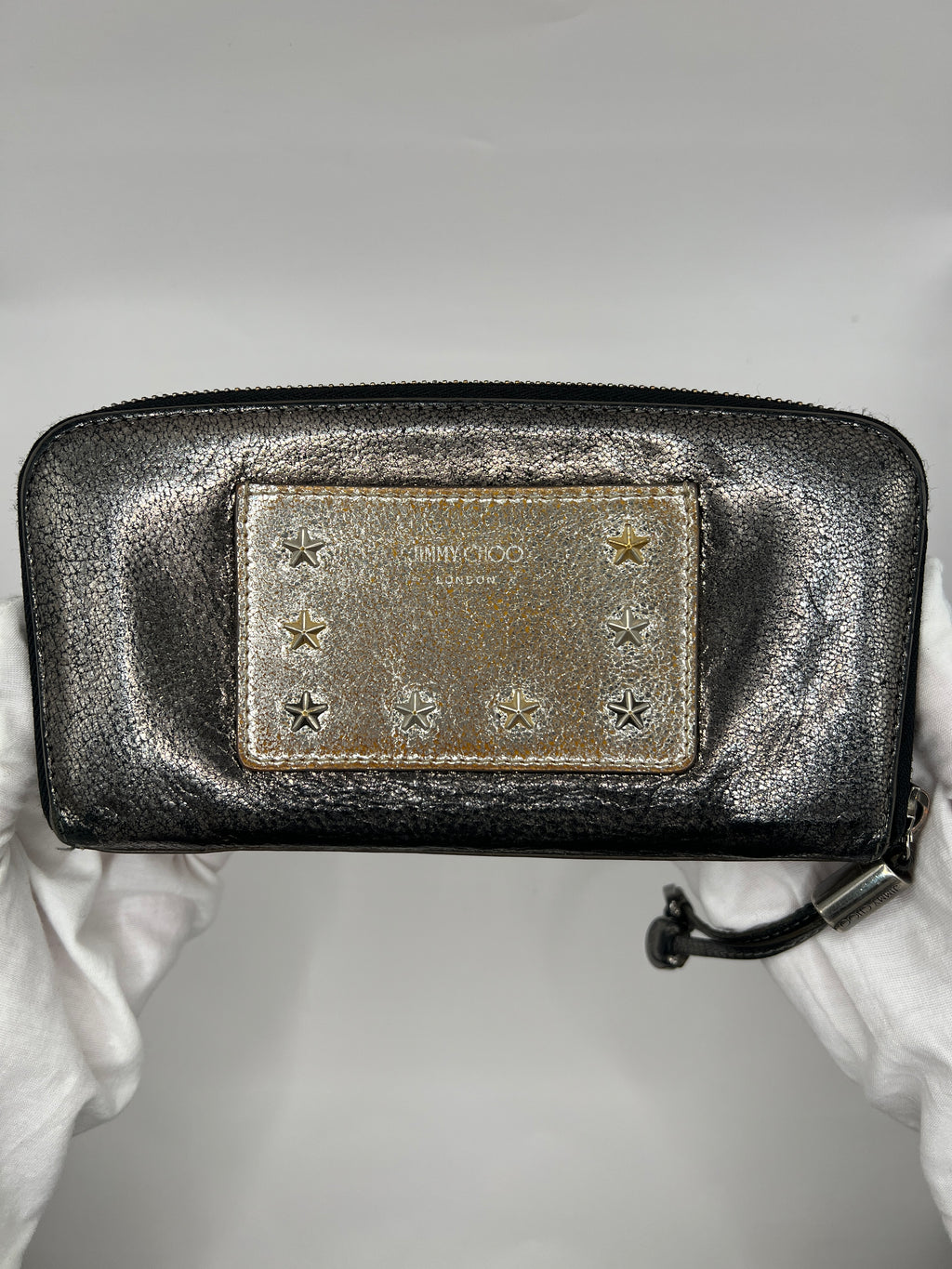 Jimmy Choo Star-Studded Metallic Zip-Around Wallet