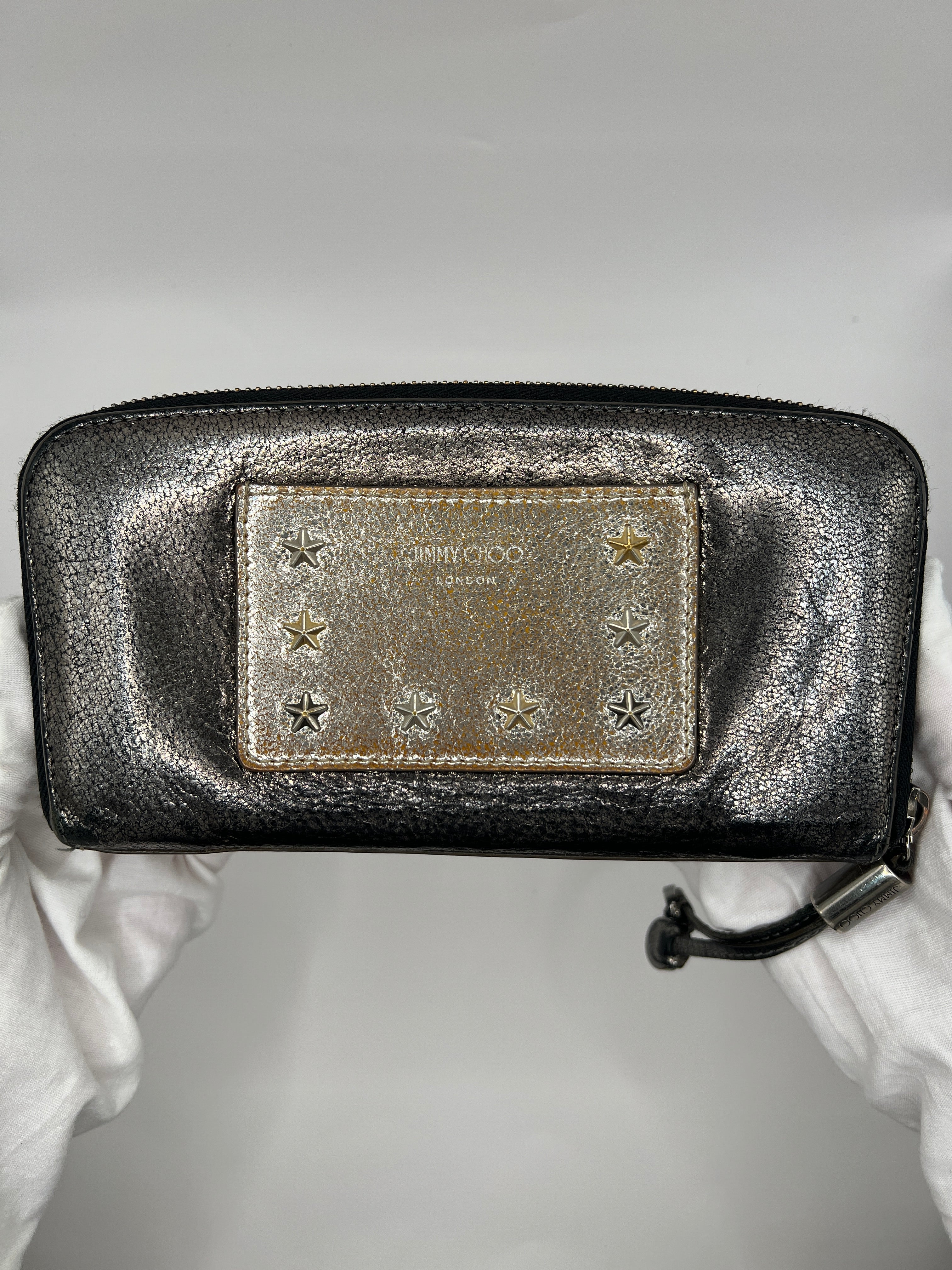 Jimmy Choo Star-Studded Metallic Zip-Around Wallet