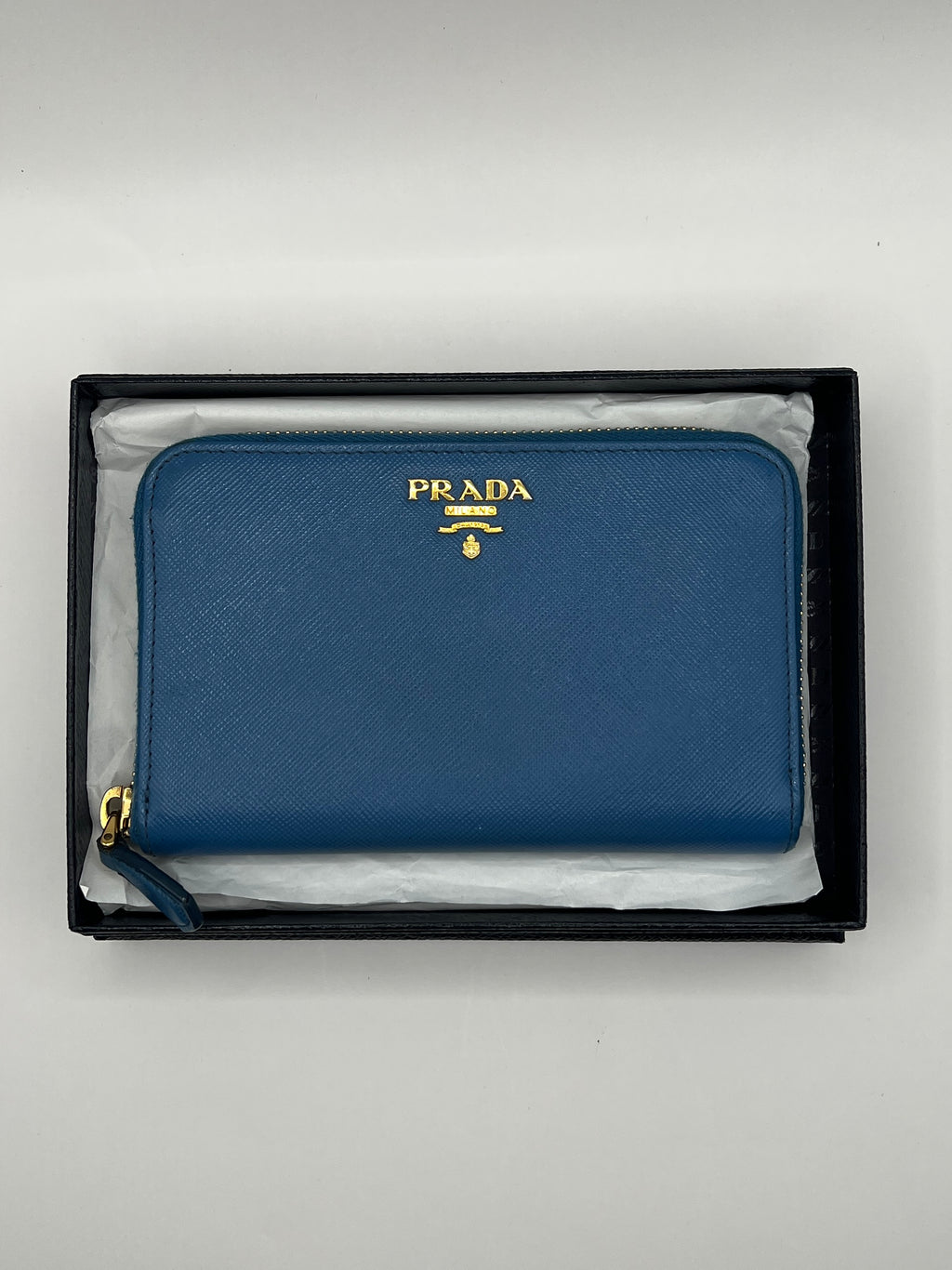 Prada Saffiano Leather Blue Zip-Around Wallet Blue with Box