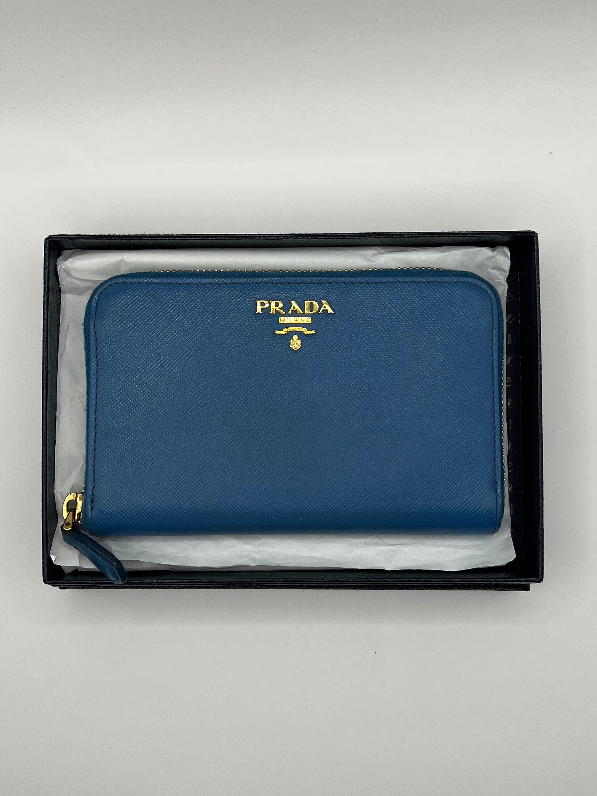 Prada Saffiano Leather Blue Zip-Around Wallet Blue with Box