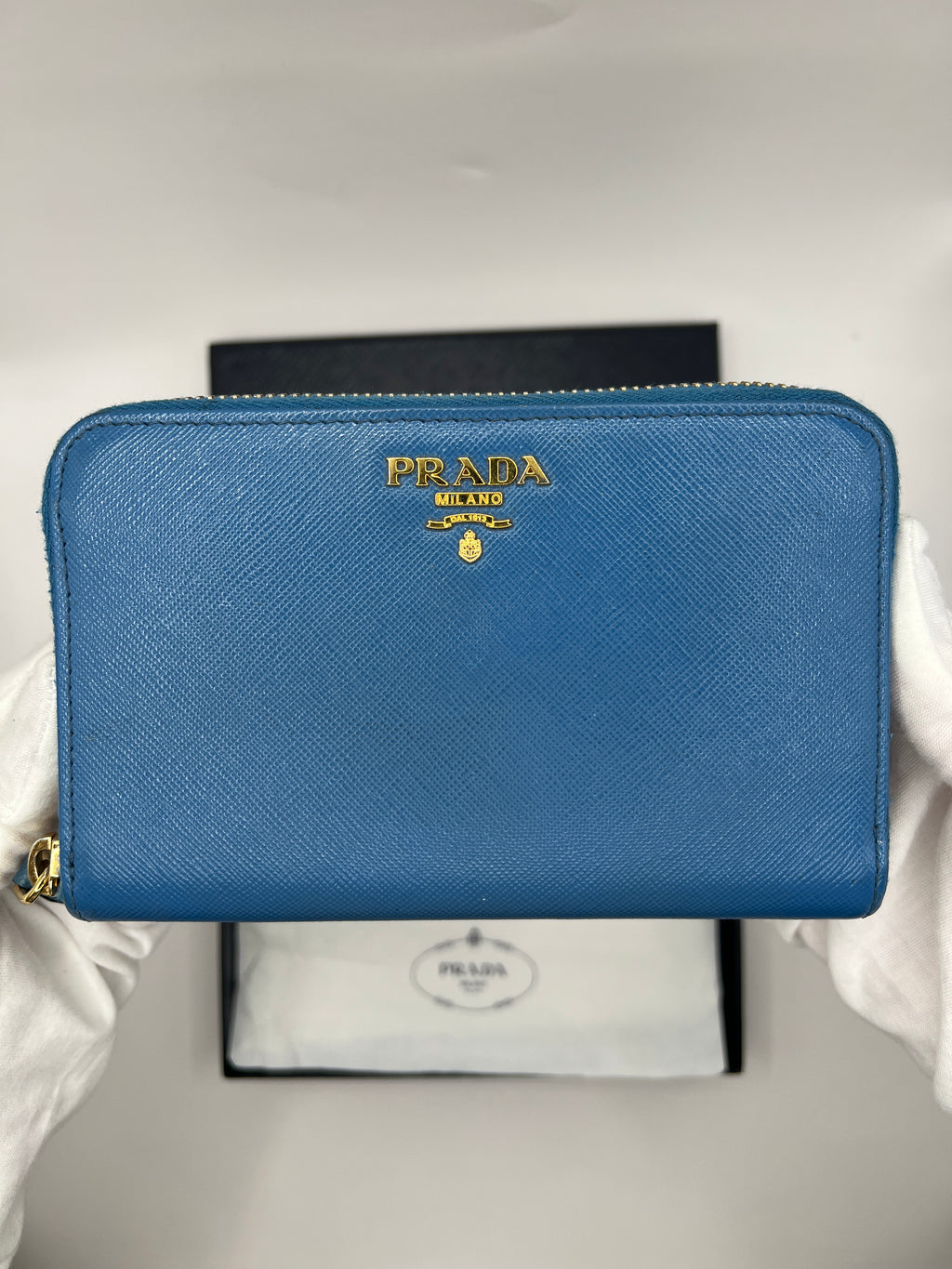 Prada Saffiano Leather Blue Zip-Around Wallet Blue with Box