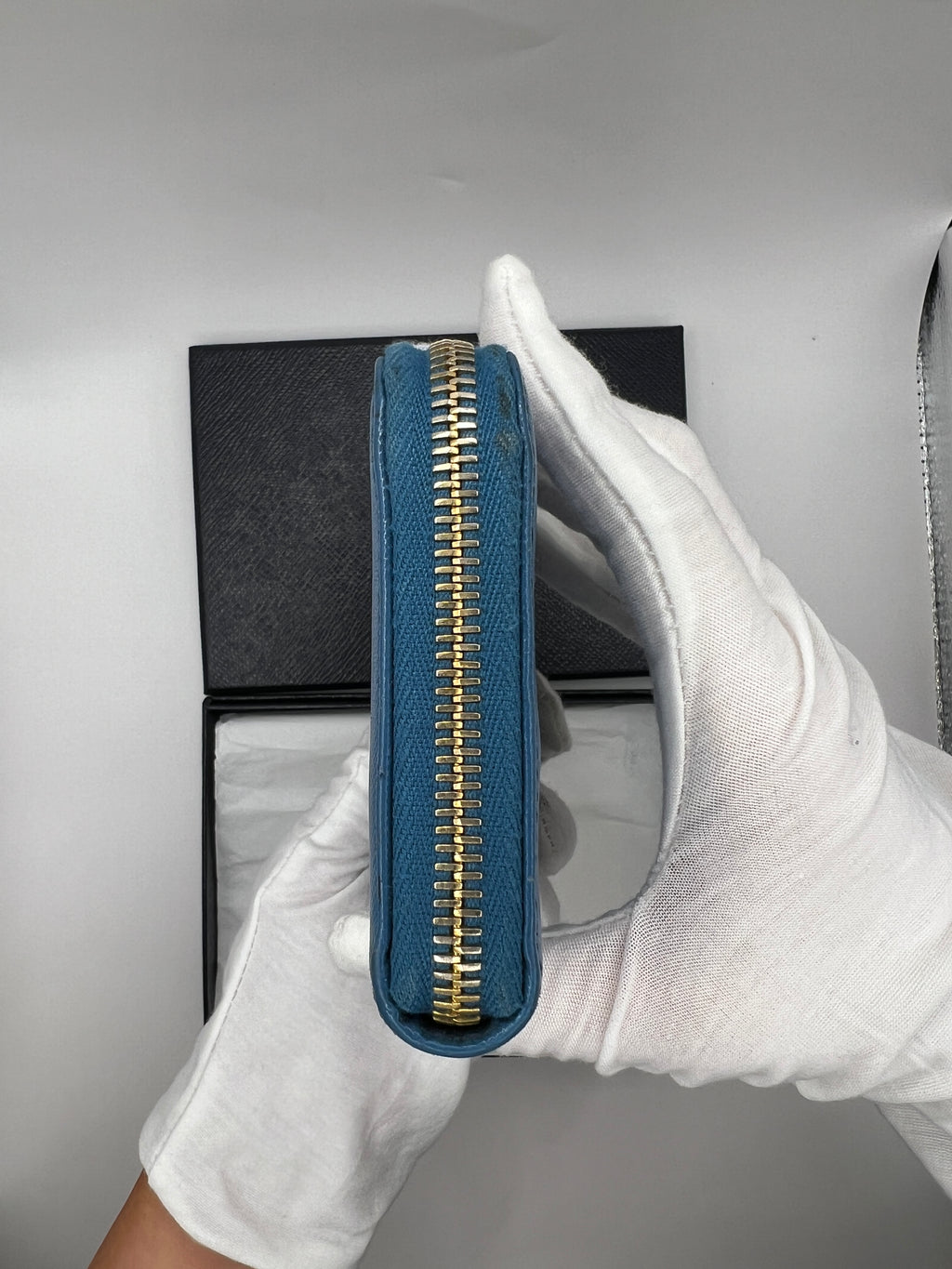 Prada Saffiano Leather Blue Zip-Around Wallet Blue with Box