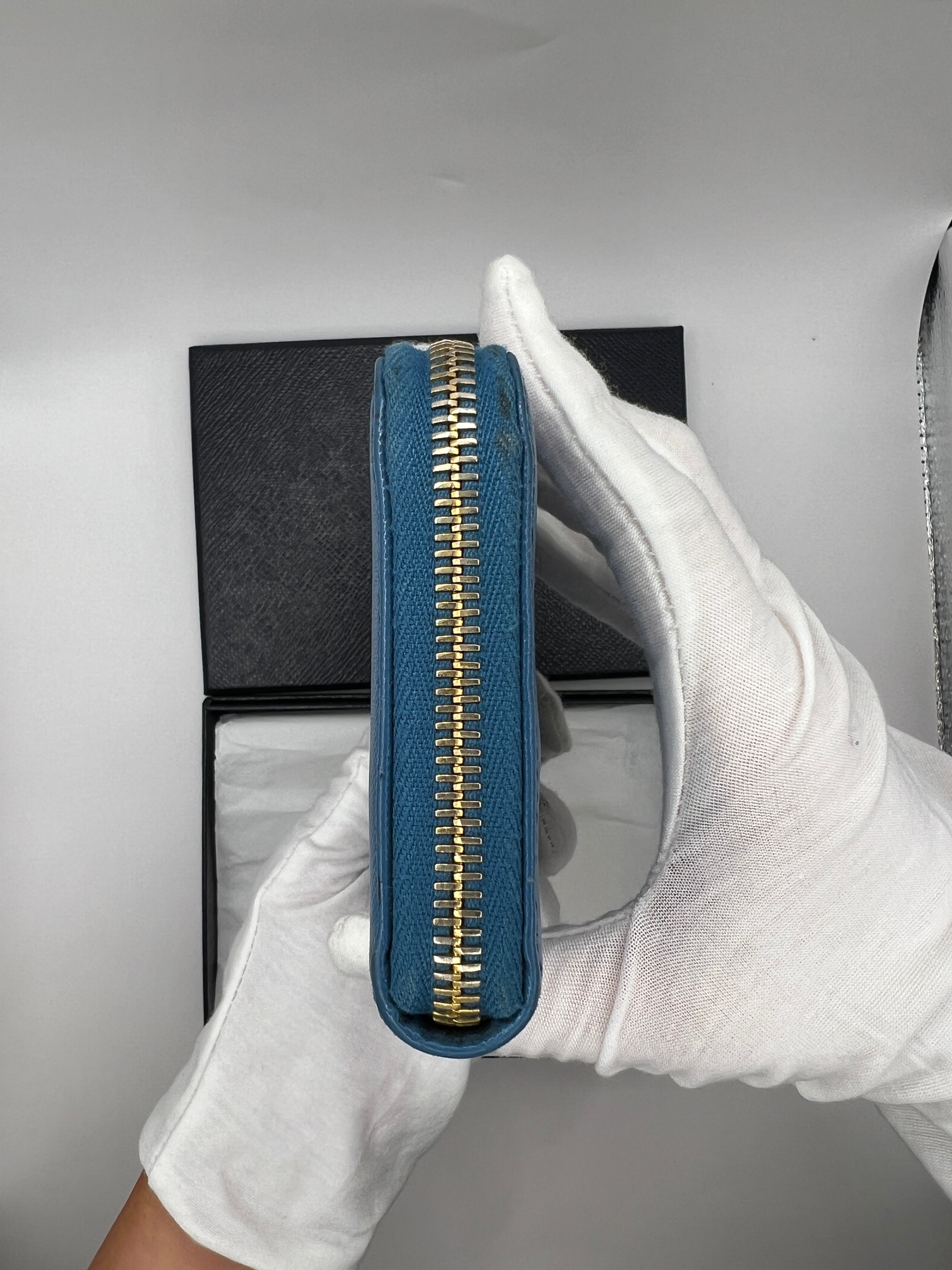 Prada Saffiano Leather Blue Zip-Around Wallet Blue with Box