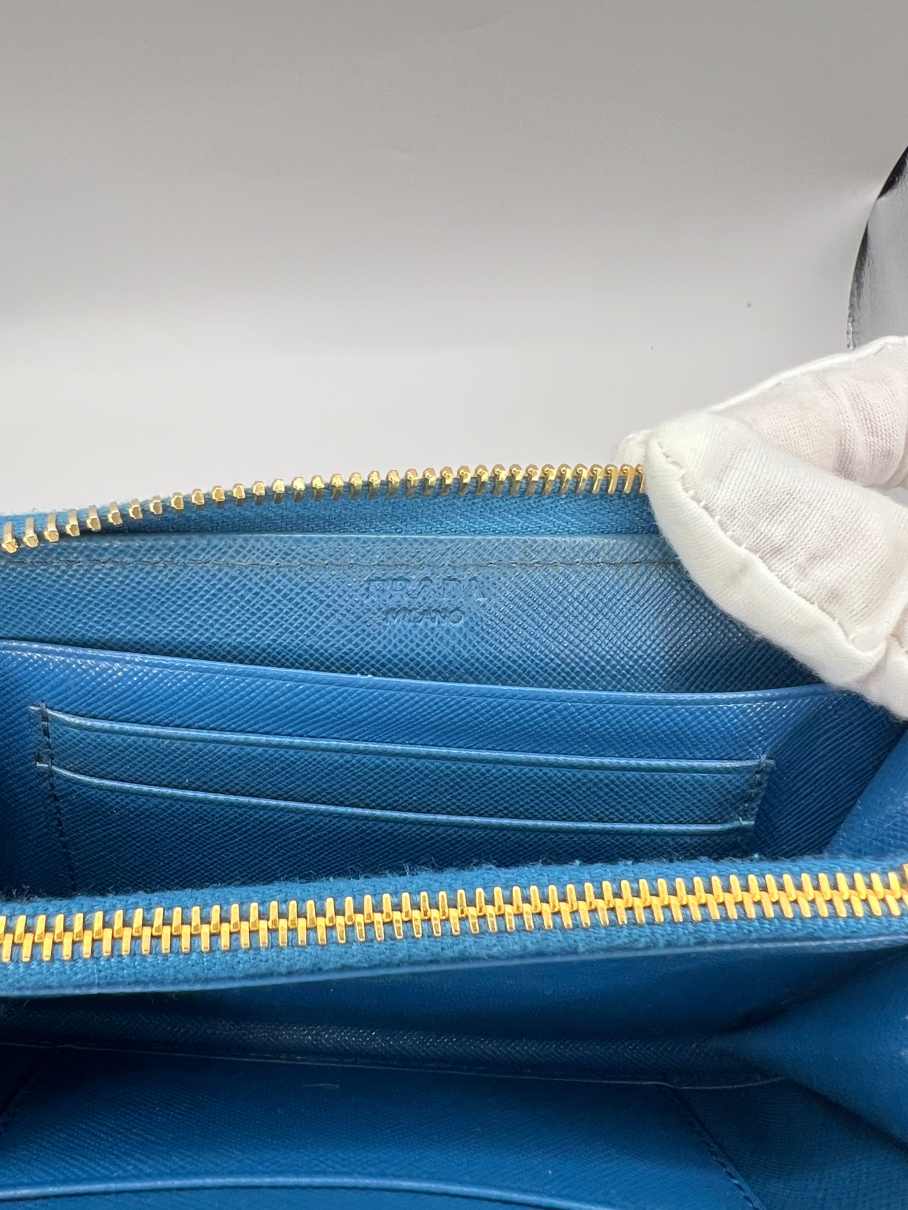 Prada Saffiano Leather Blue Zip-Around Wallet Blue with Box