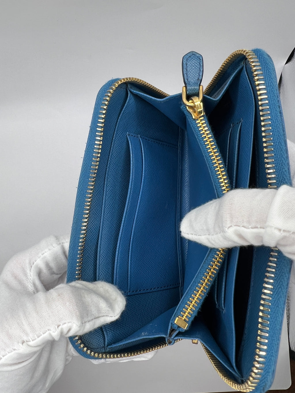 Prada Saffiano Leather Blue Zip-Around Wallet Blue with Box