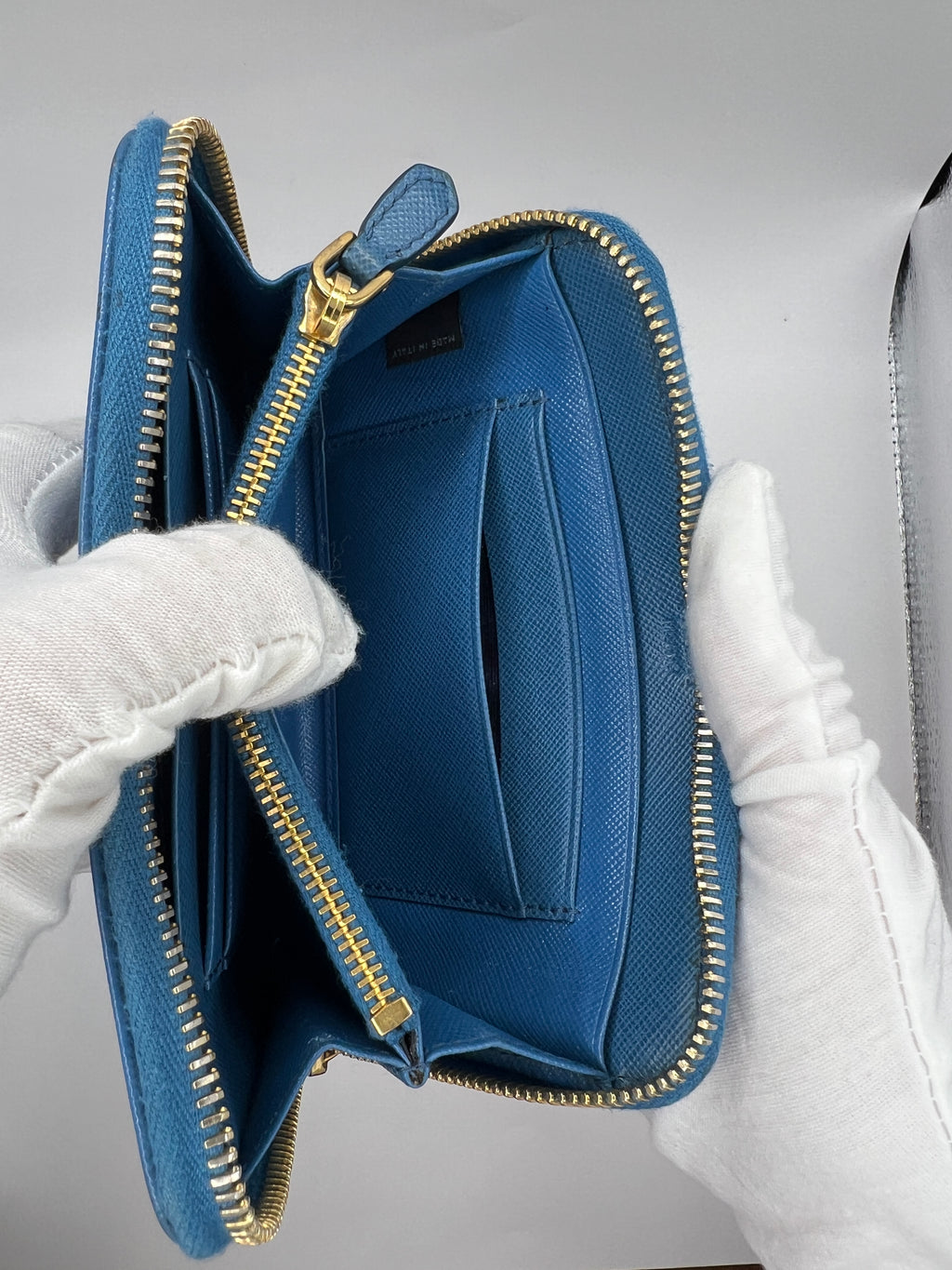 Prada Saffiano Leather Blue Zip-Around Wallet Blue with Box