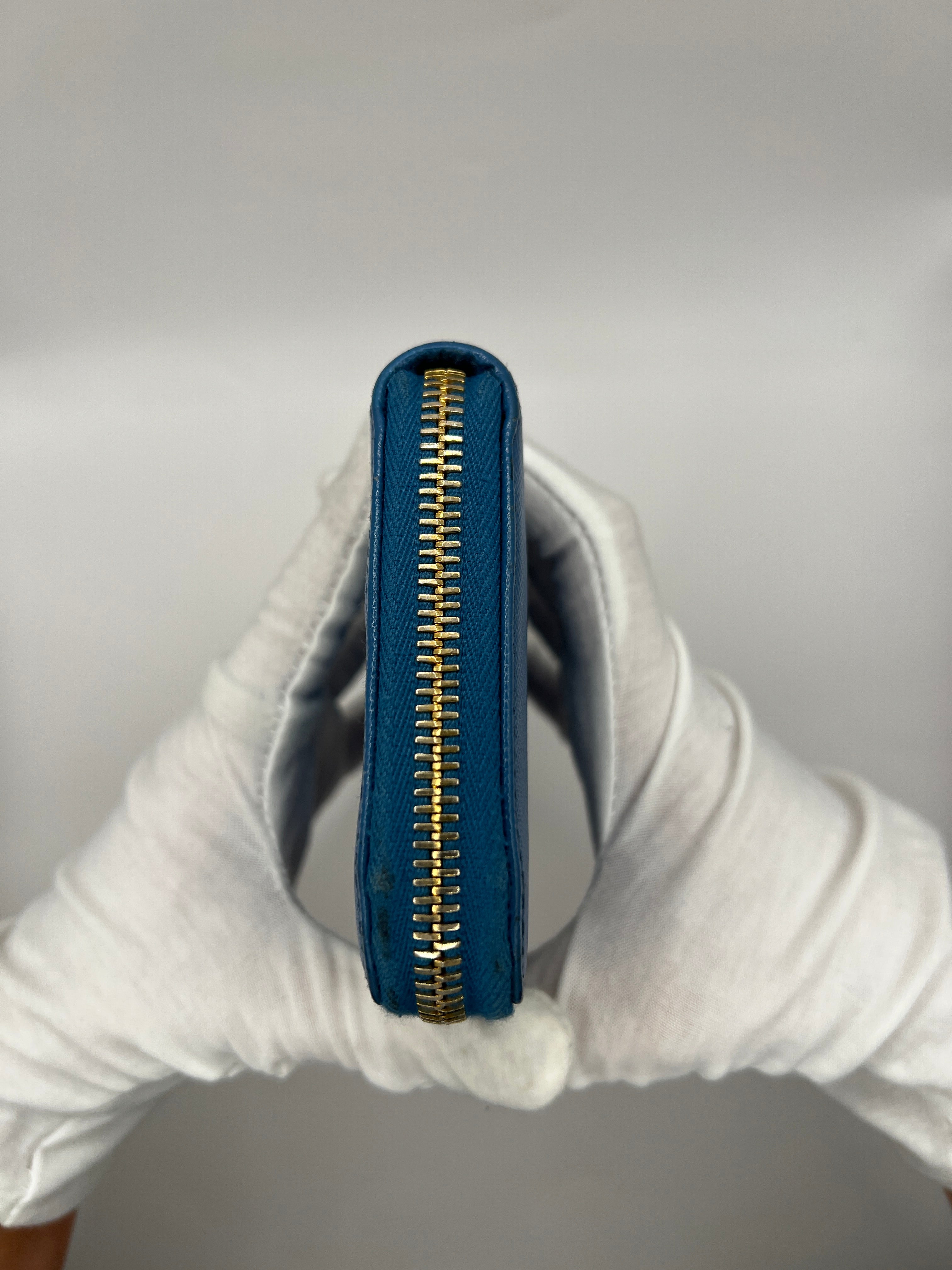 Prada Saffiano Leather Blue Zip-Around Wallet Blue with Box