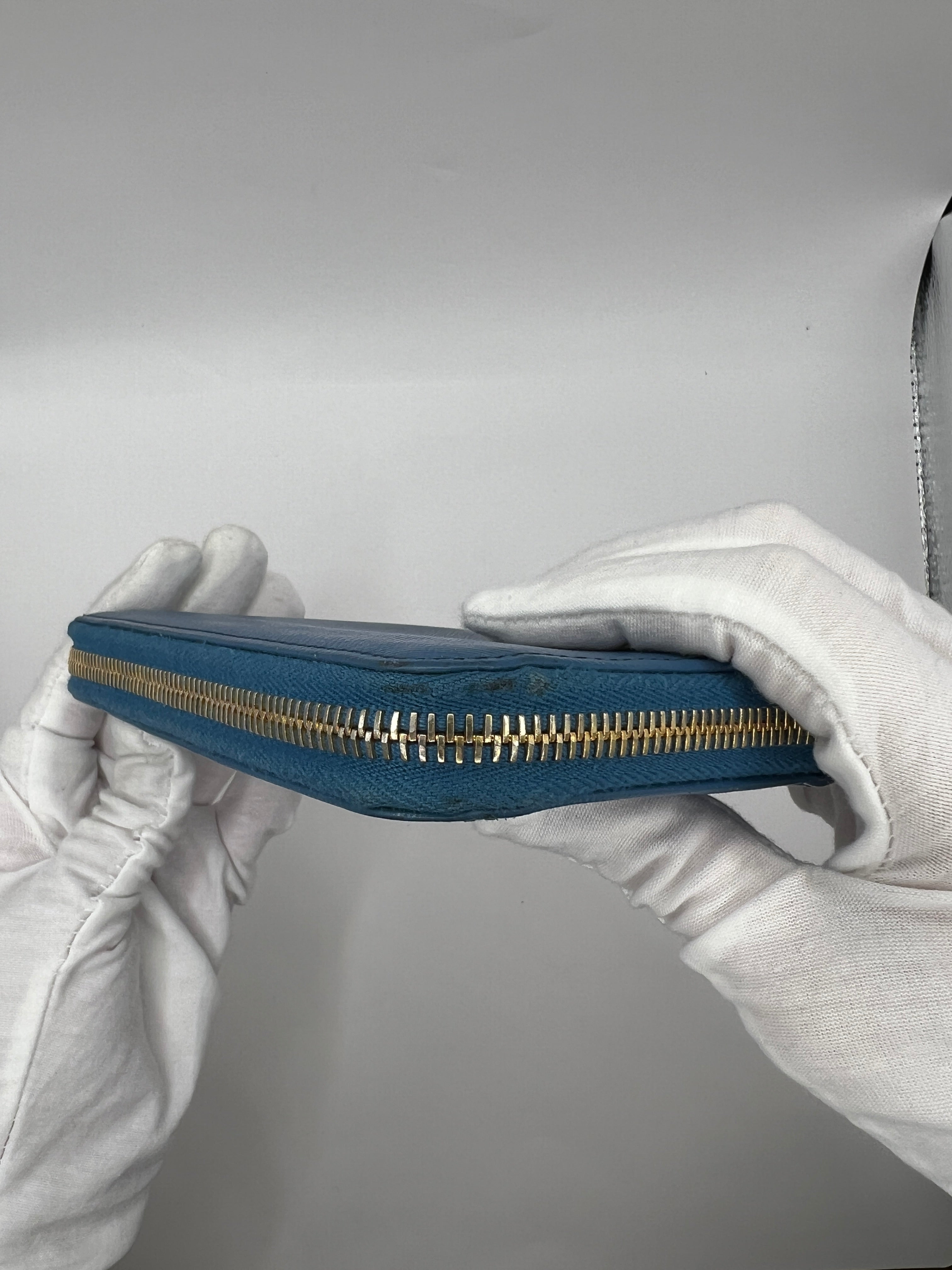Prada Saffiano Leather Blue Zip-Around Wallet Blue with Box