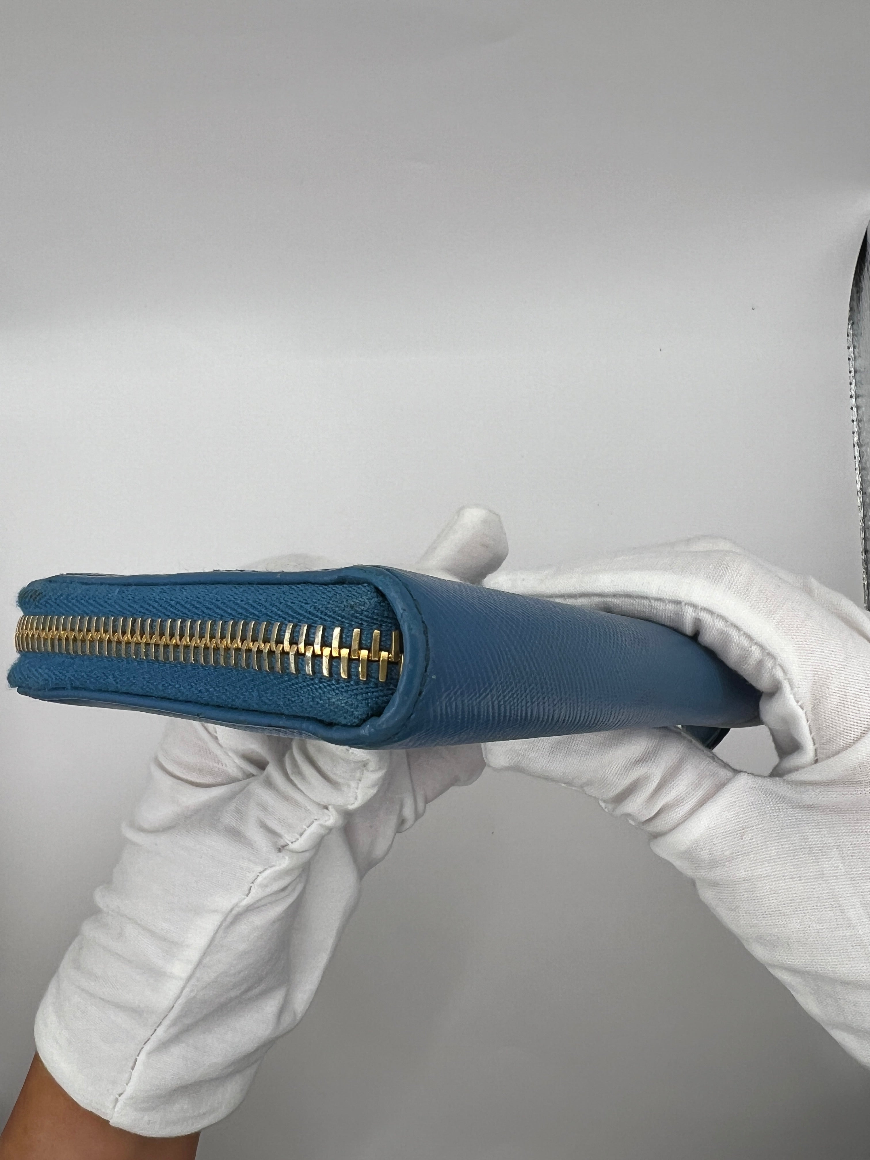 Prada Saffiano Leather Blue Zip-Around Wallet Blue with Box