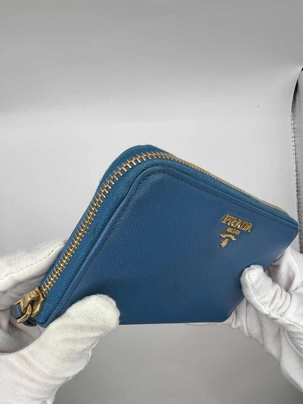 Prada Saffiano Leather Blue Zip-Around Wallet Blue with Box