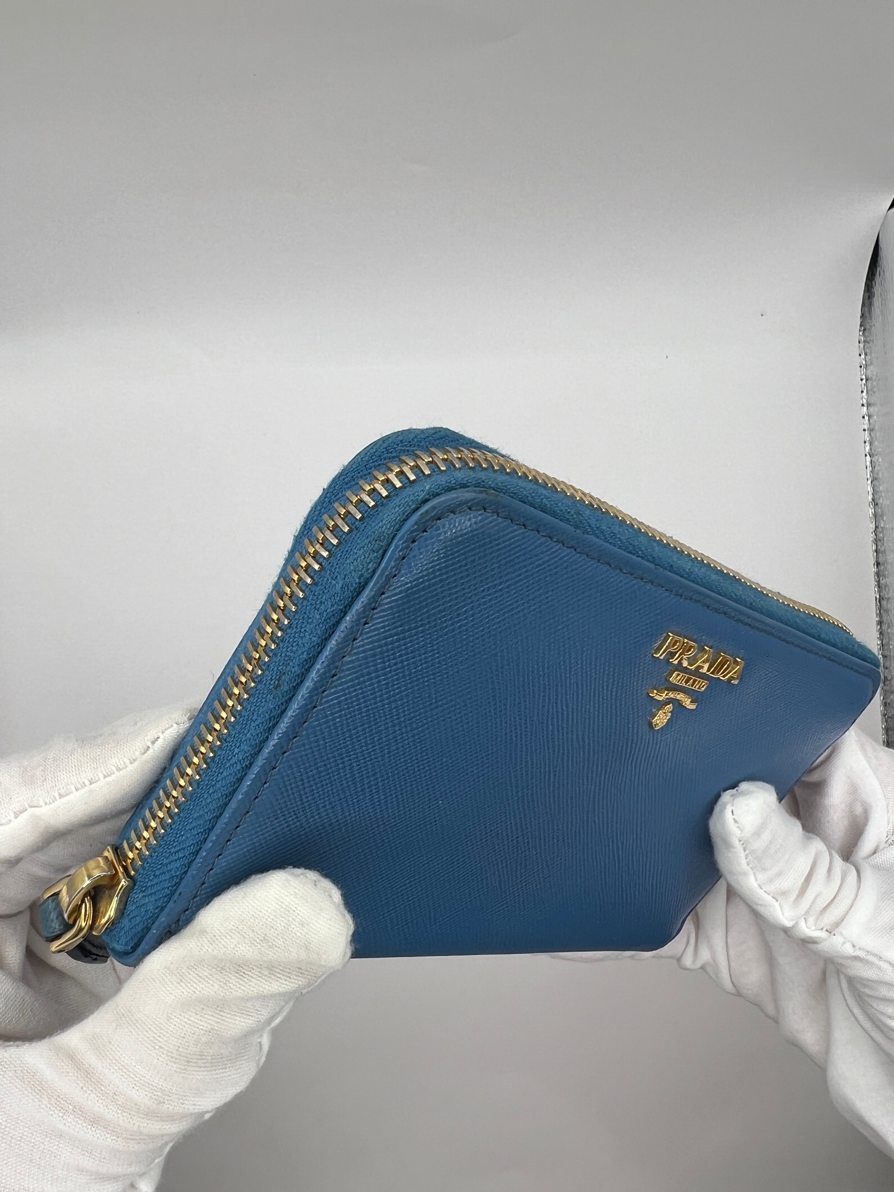 Prada Saffiano Leather Blue Zip-Around Wallet Blue with Box