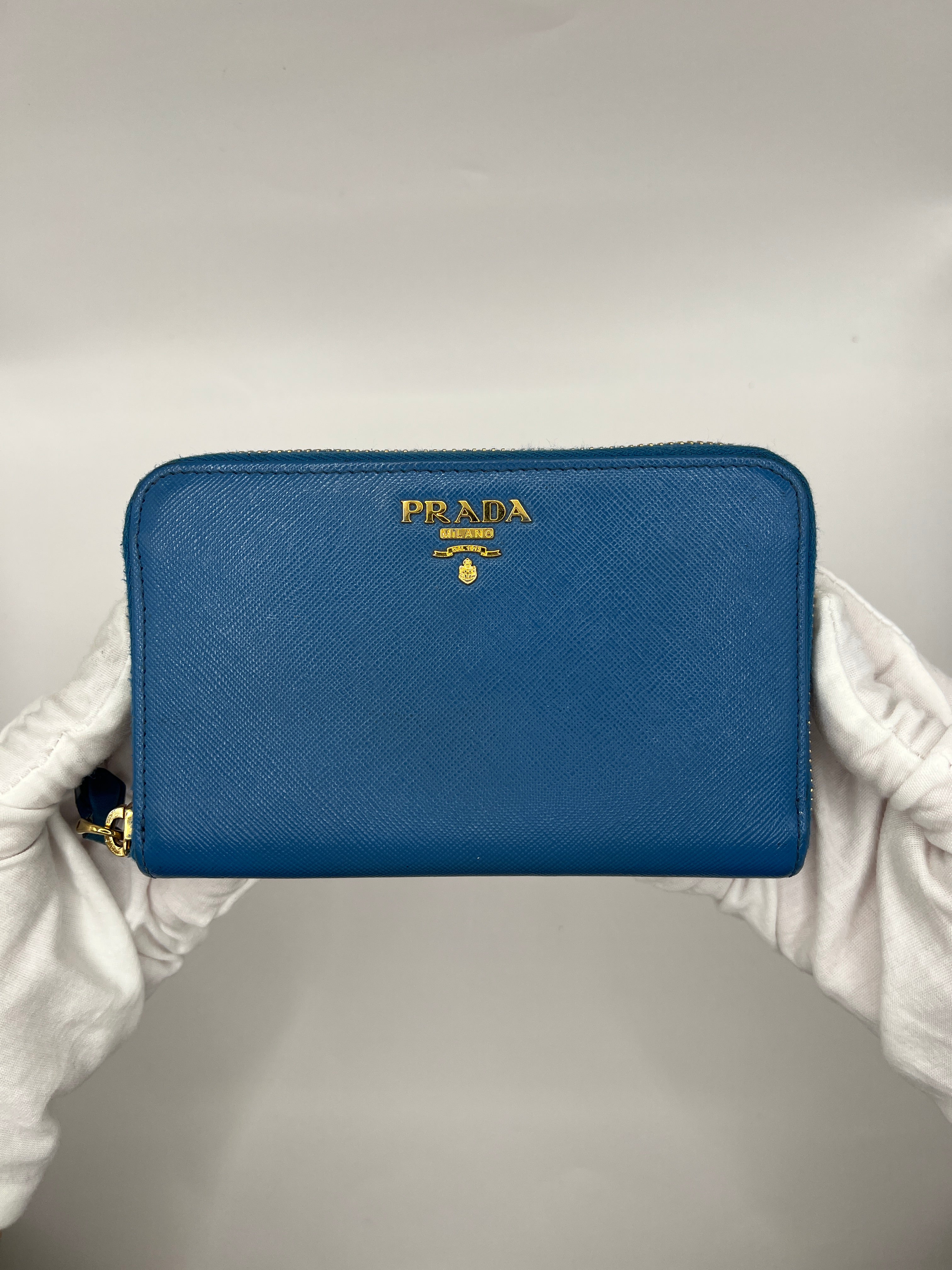Prada Saffiano Leather Blue Zip-Around Wallet Blue with Box