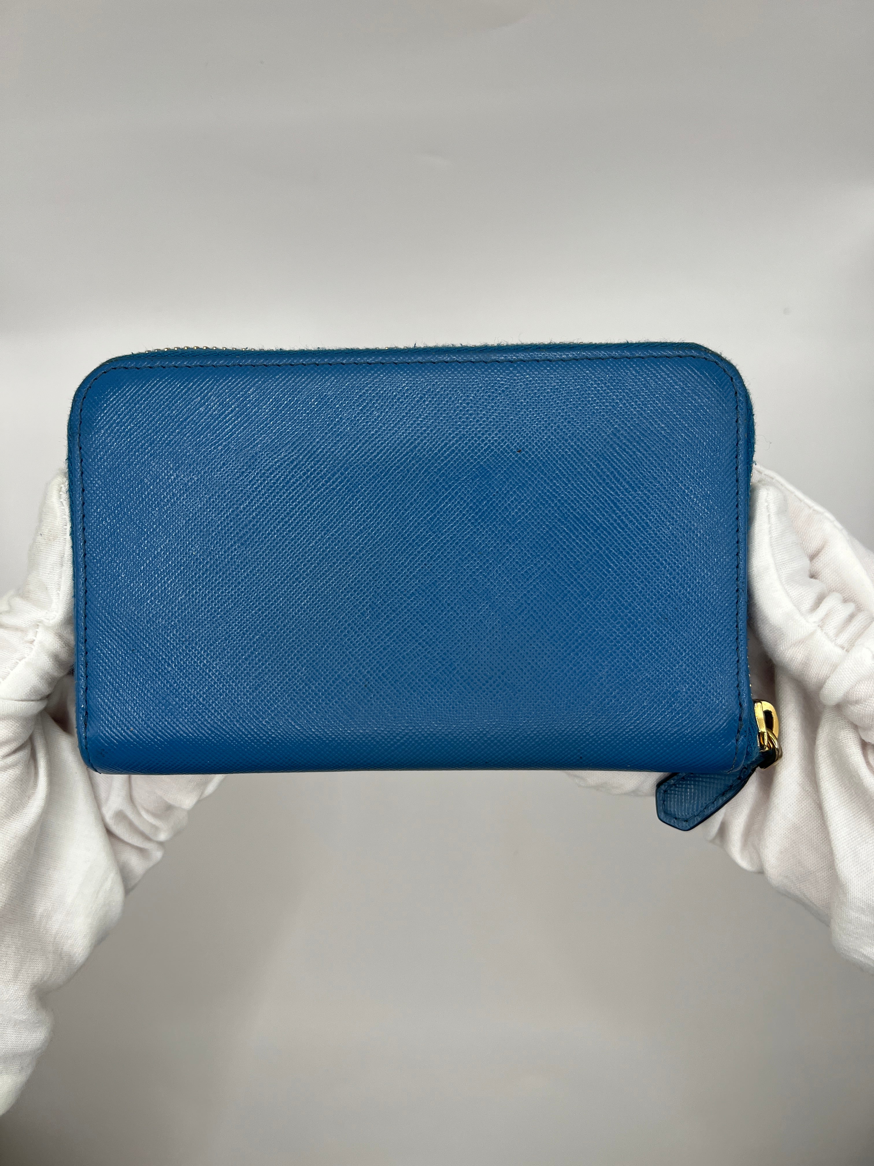 Prada Saffiano Leather Blue Zip-Around Wallet Blue with Box