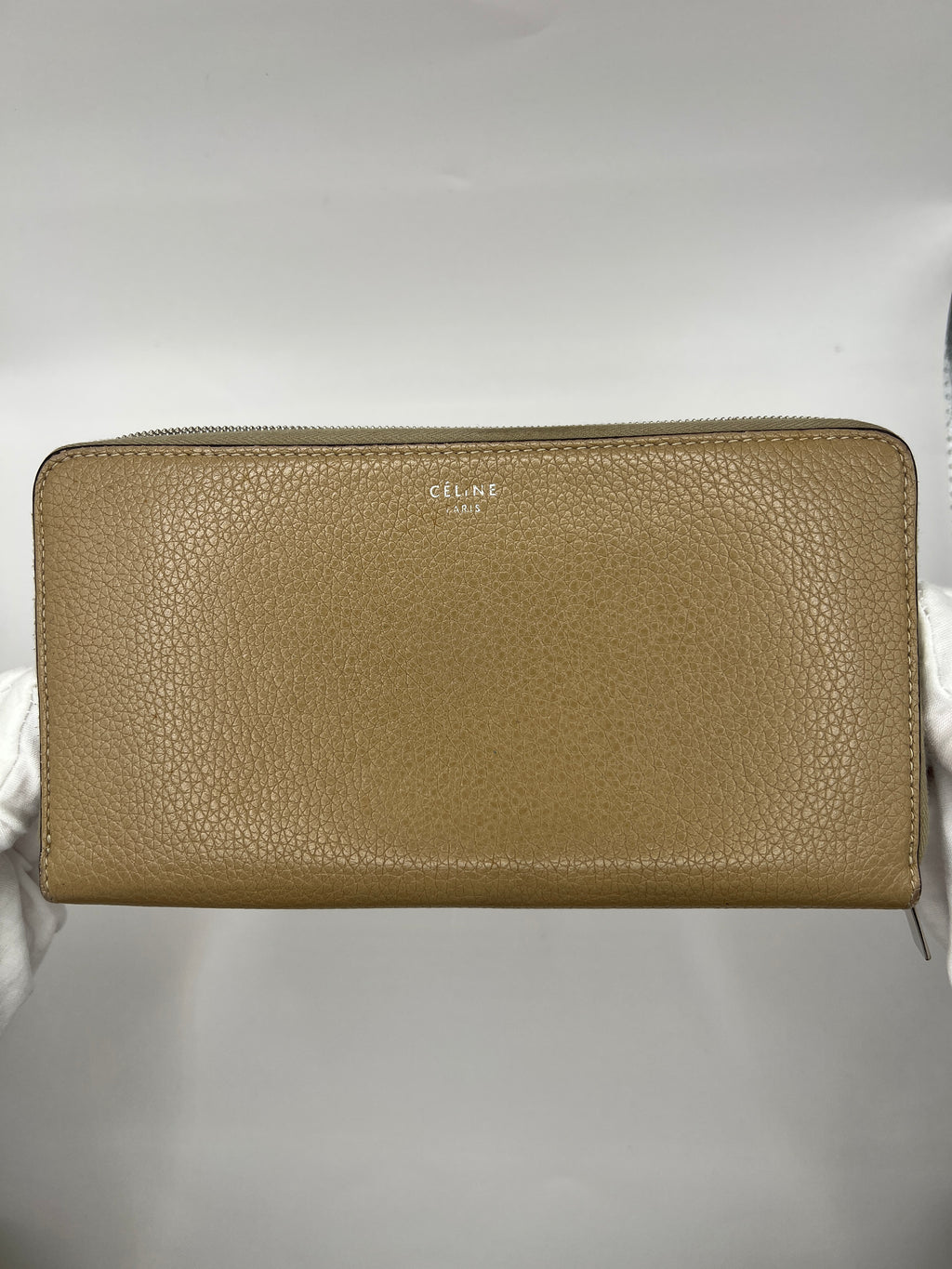 Céline Large Zip-Around Wallet in Taupe Grained Leather with Red Interior