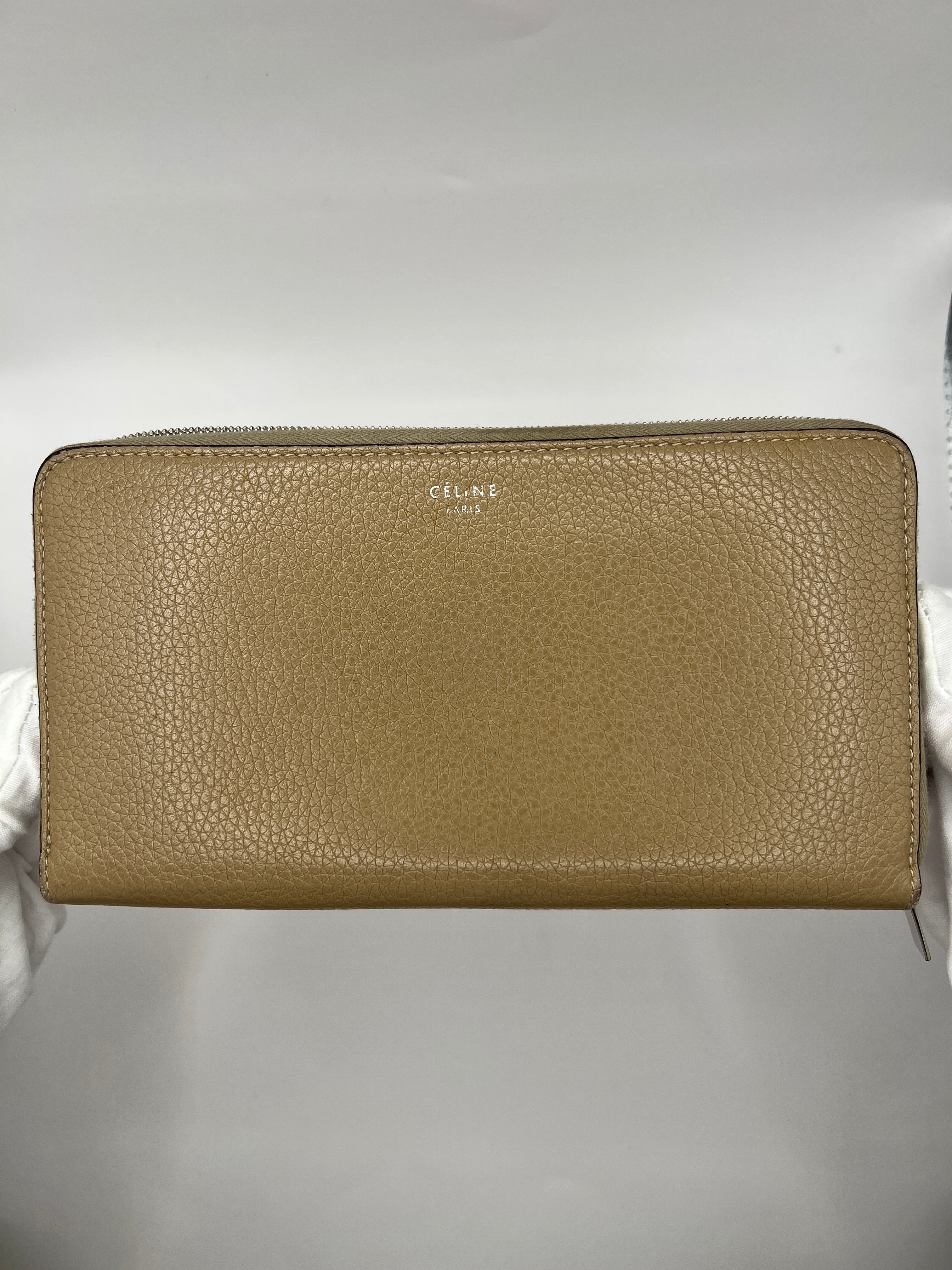 Céline Large Zip-Around Wallet in Taupe Grained Leather with Red Interior