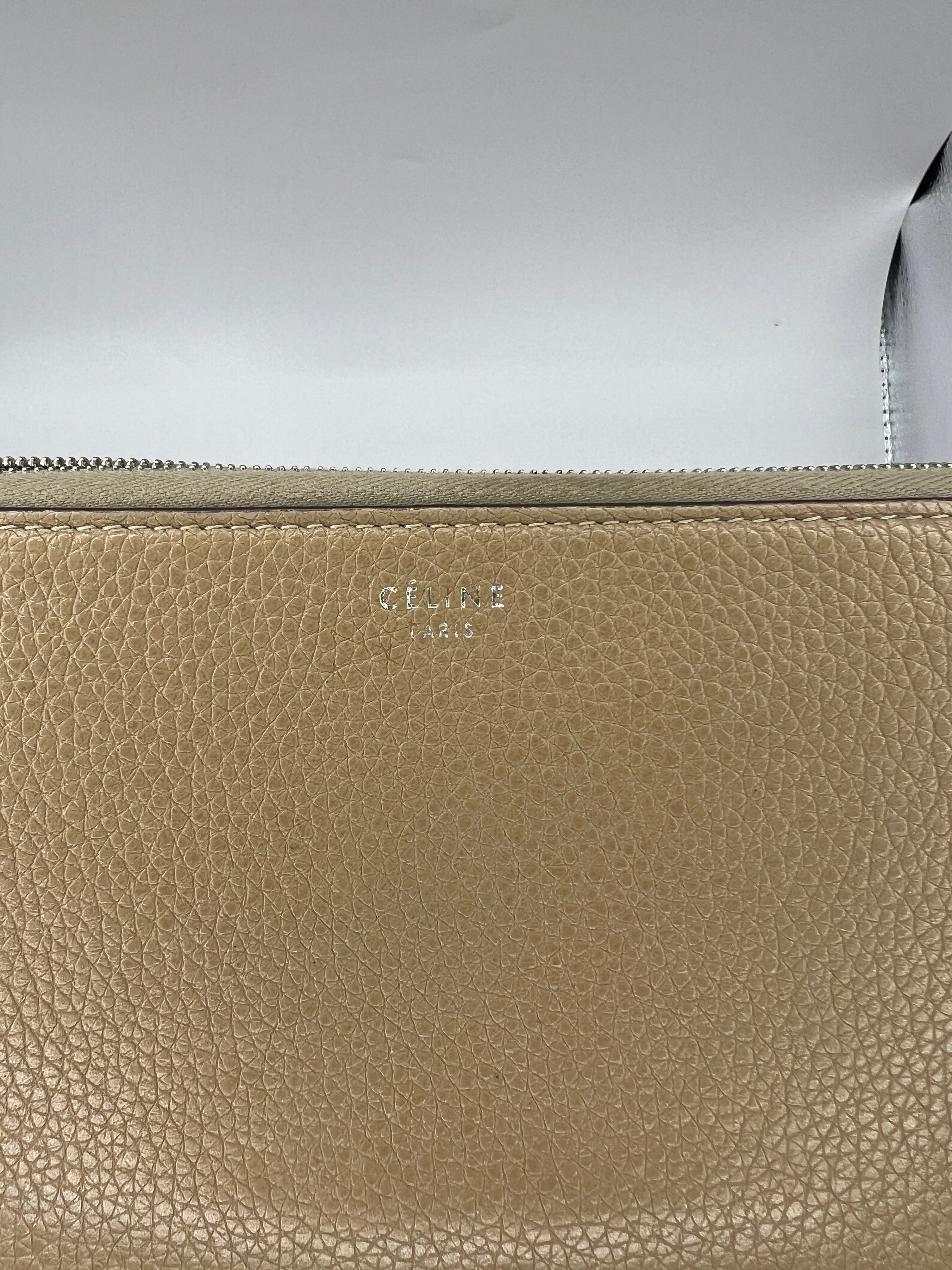 Céline Large Zip-Around Wallet in Taupe Grained Leather with Red Interior