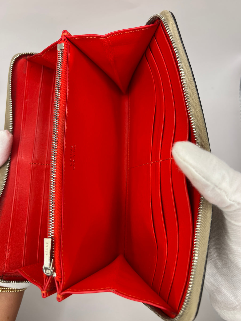 Céline Large Zip-Around Wallet in Taupe Grained Leather with Red Interior