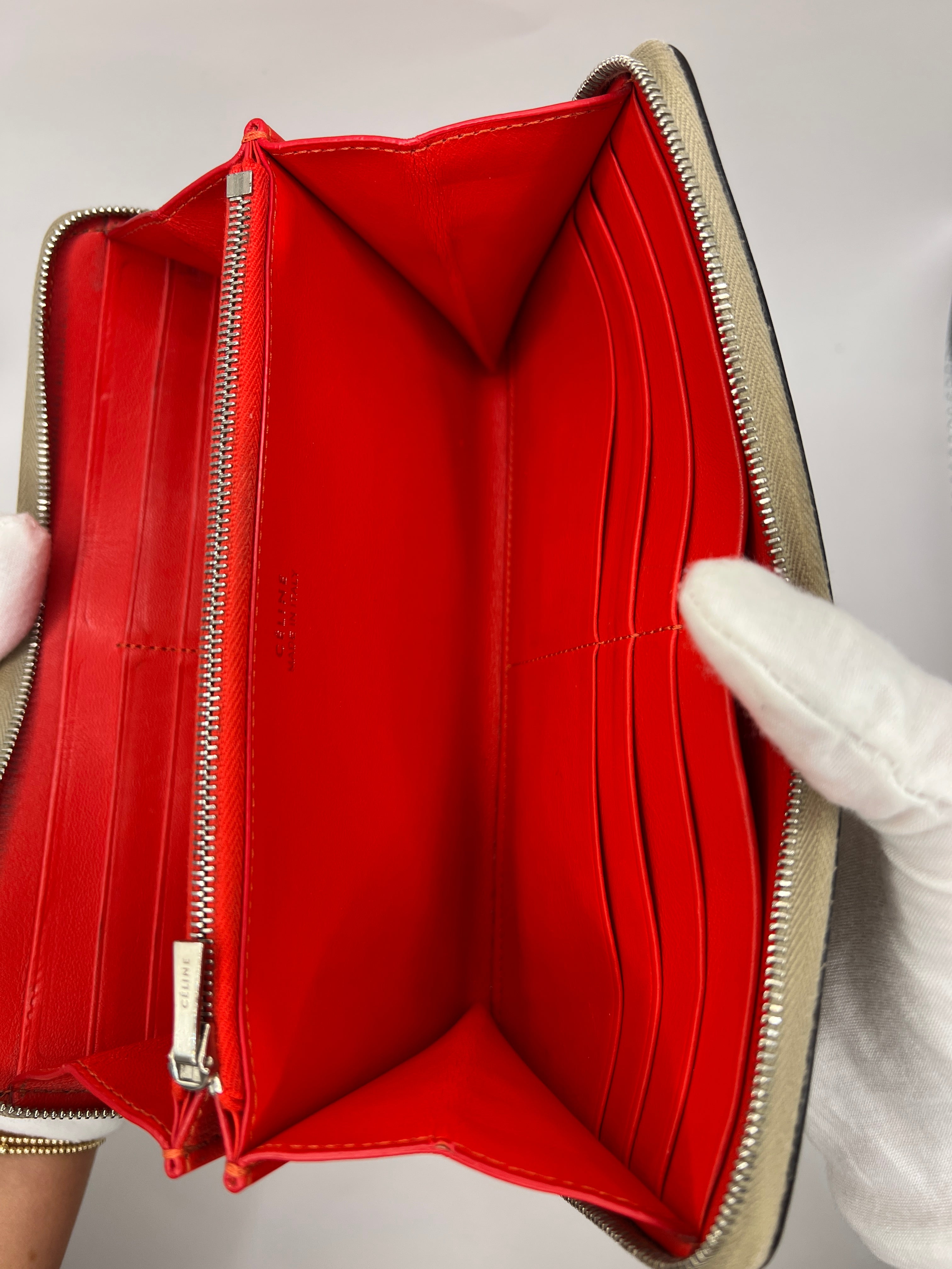 Céline Large Zip-Around Wallet in Taupe Grained Leather with Red Interior