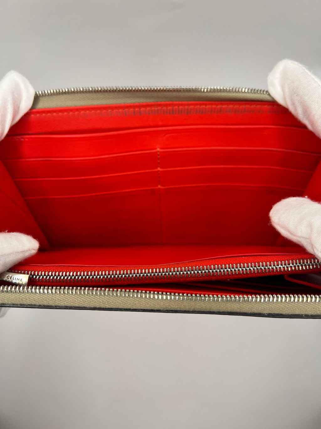 Céline Large Zip-Around Wallet in Taupe Grained Leather with Red Interior