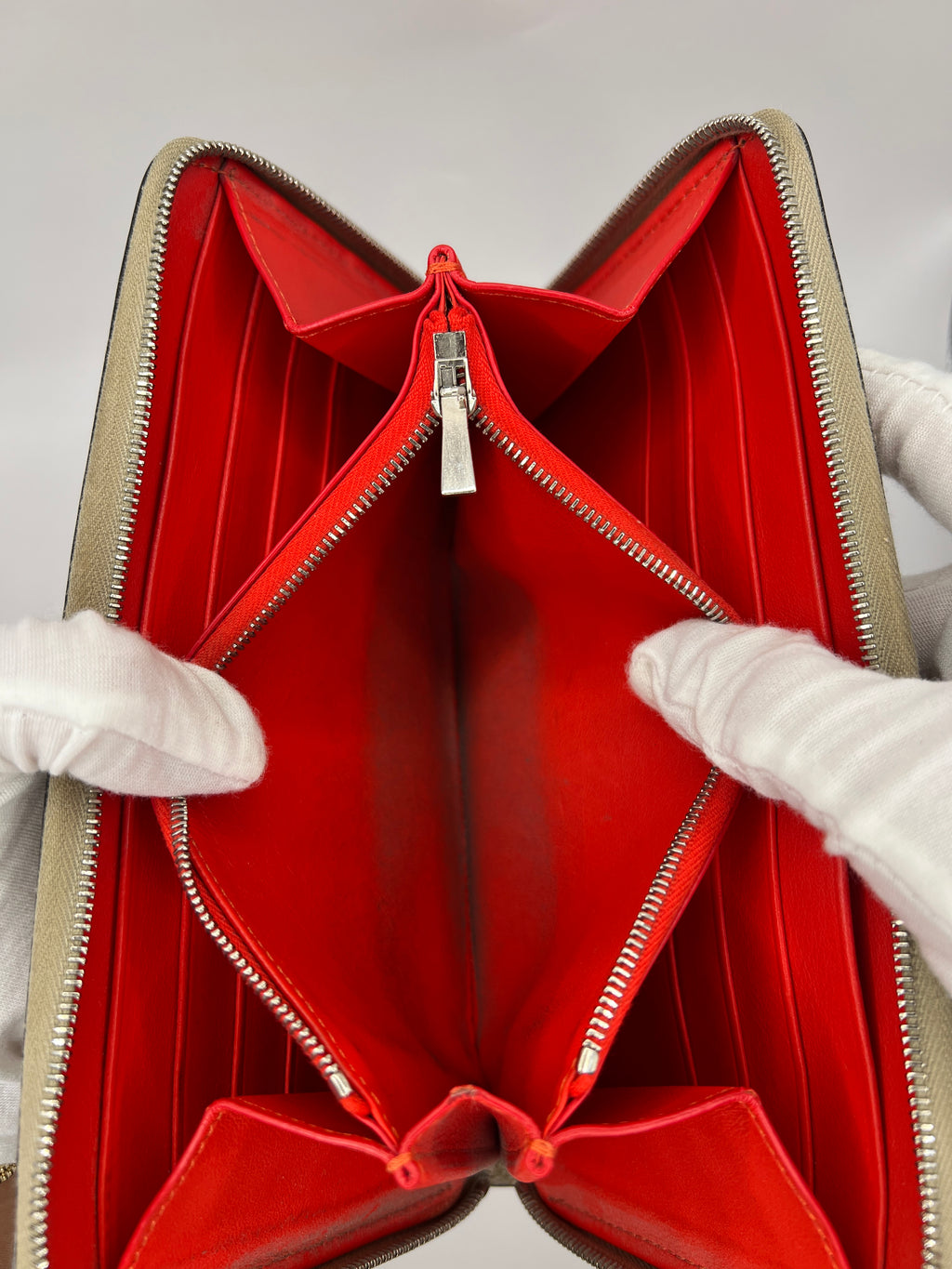 Céline Large Zip-Around Wallet in Taupe Grained Leather with Red Interior