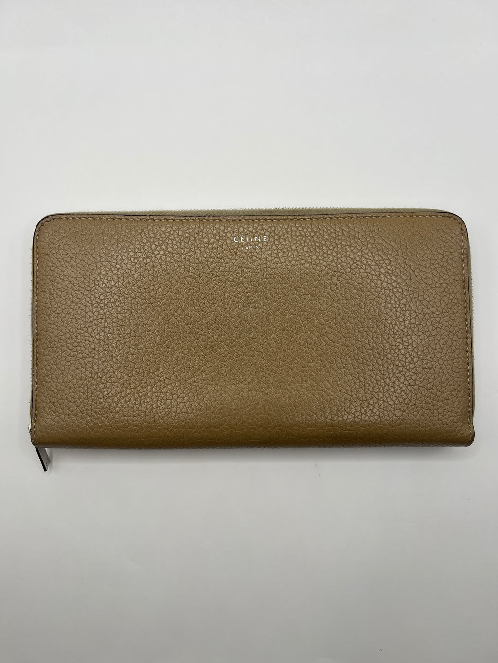 Céline Large Zip-Around Wallet in Taupe Grained Leather with Red Interior