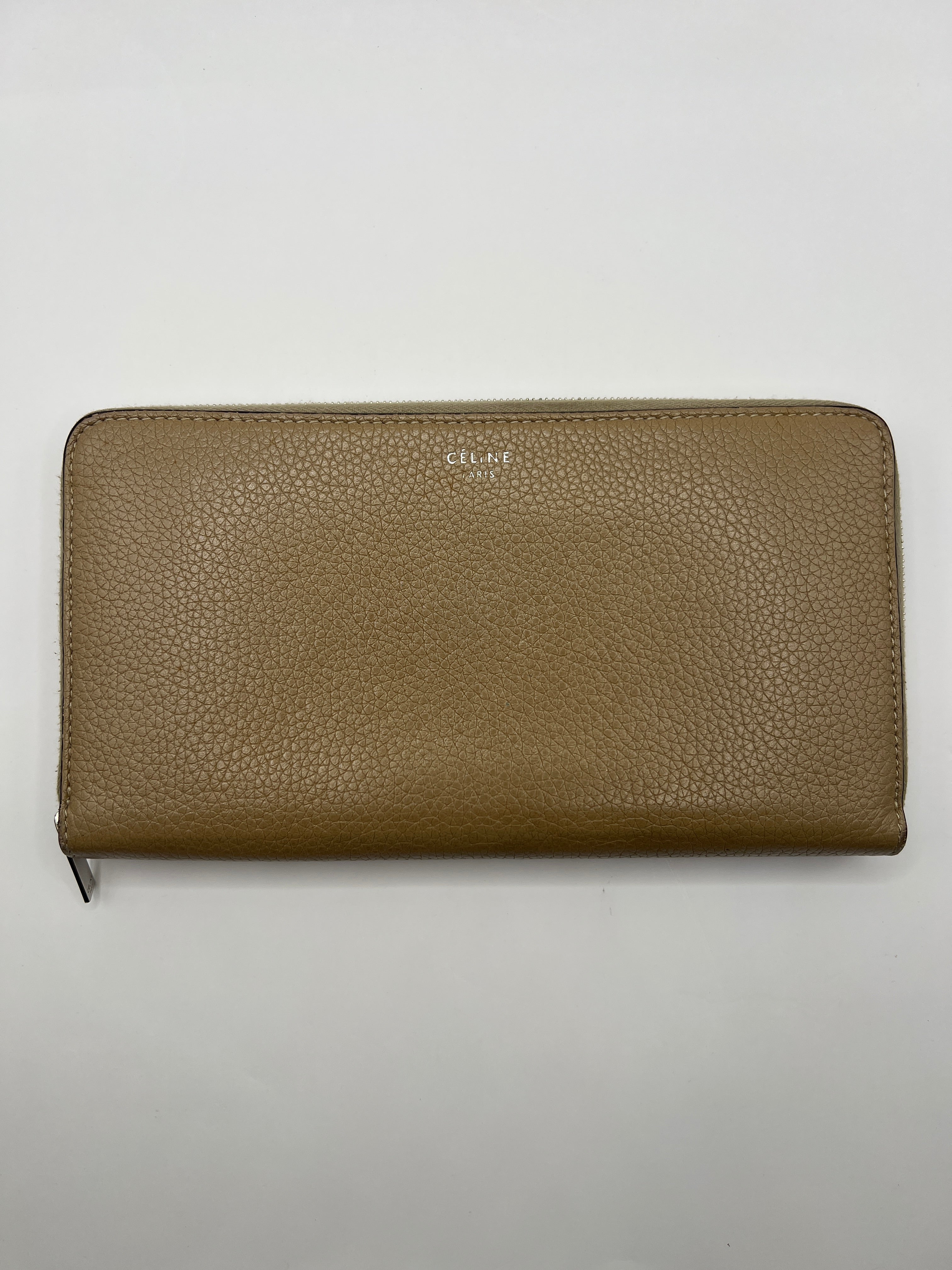 Céline Large Zip-Around Wallet in Taupe Grained Leather with Red Interior
