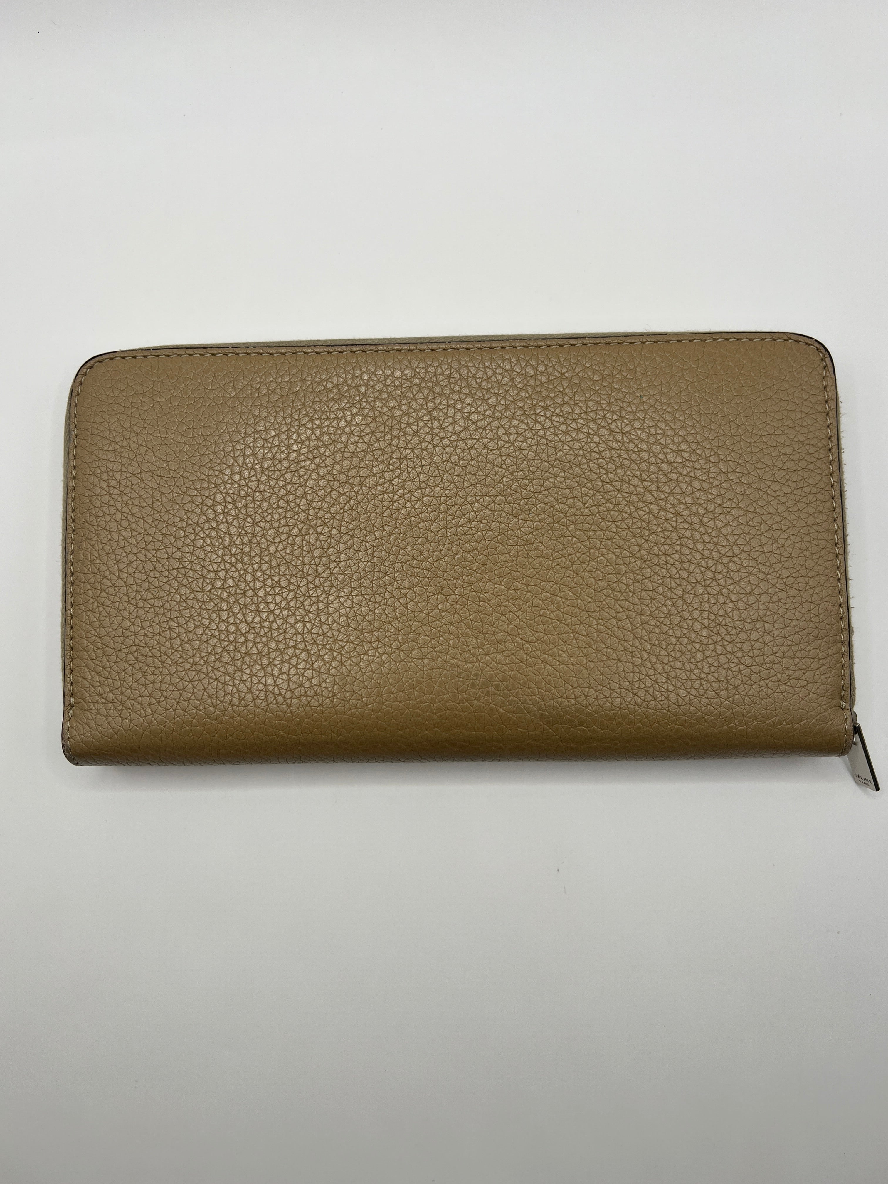 Céline Large Zip-Around Wallet in Taupe Grained Leather with Red Interior