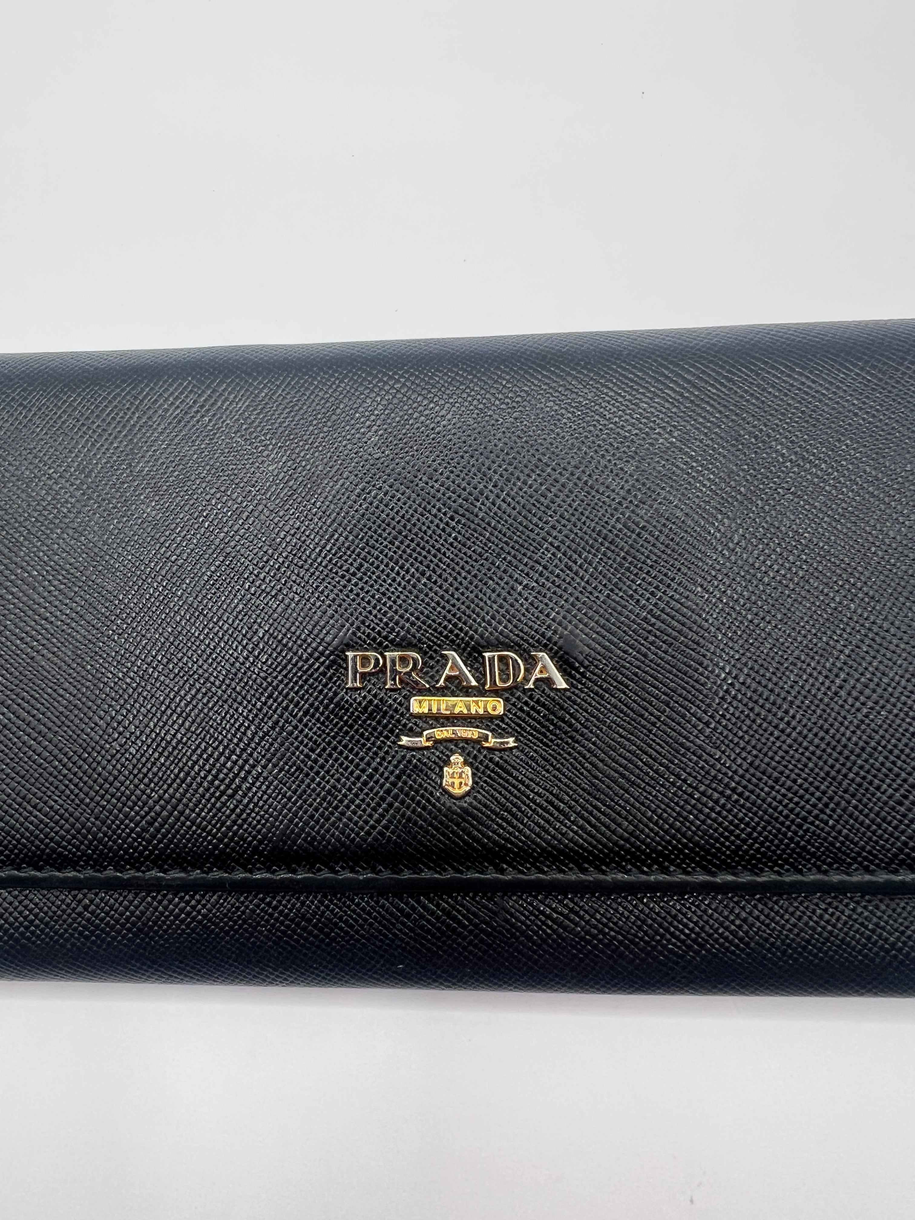 Prada Long Saffiano Leather Black Wallet Red Interior with Box
