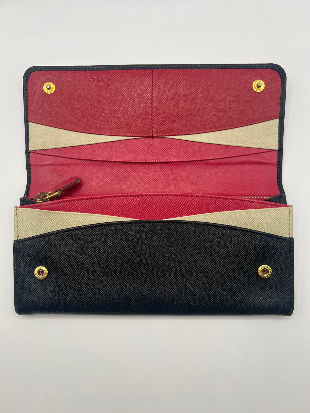 Prada Long Saffiano Leather Black Wallet Red Interior with Box